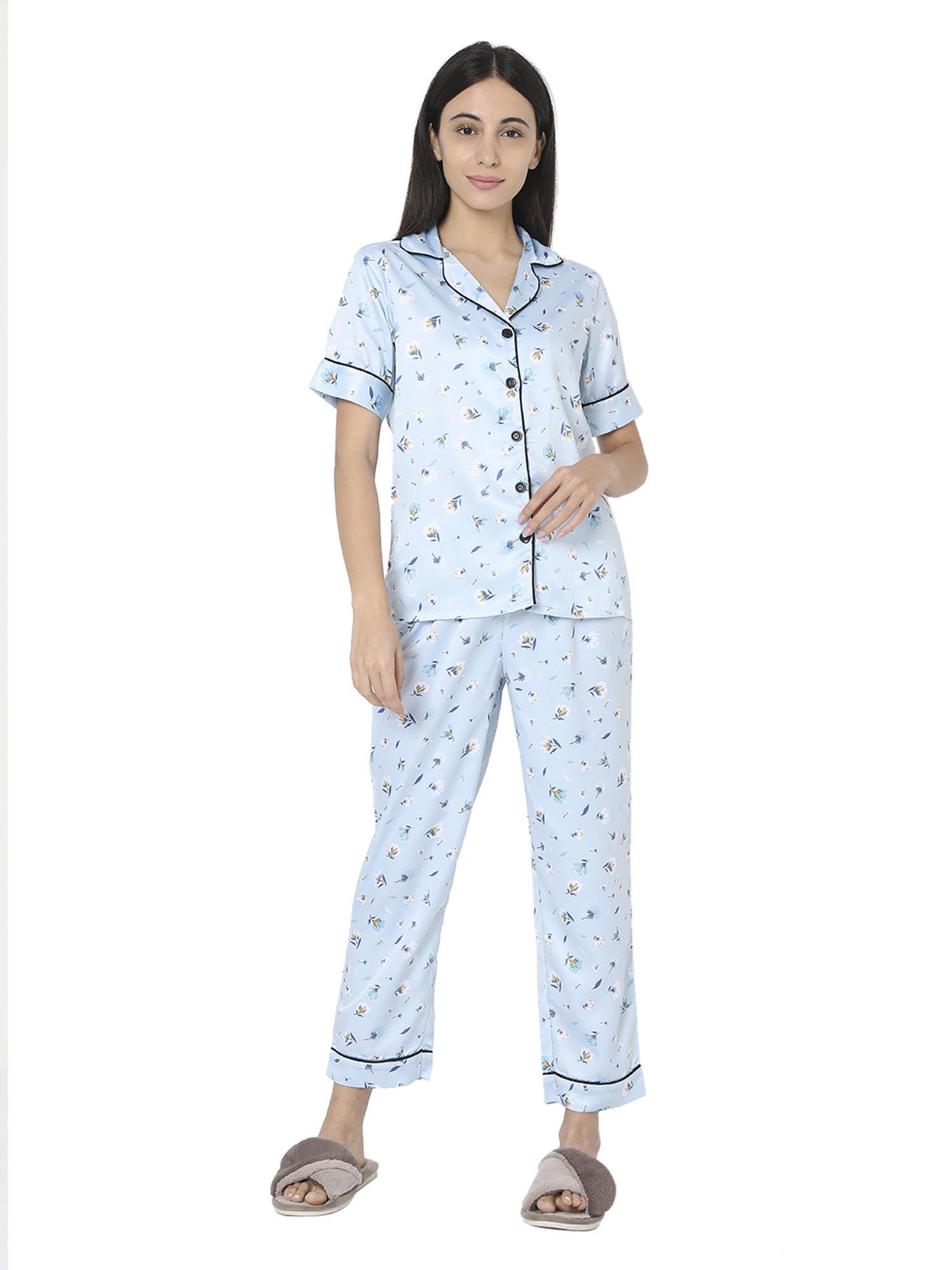 womens silk satin sky blue floral print night suit (set of 2)