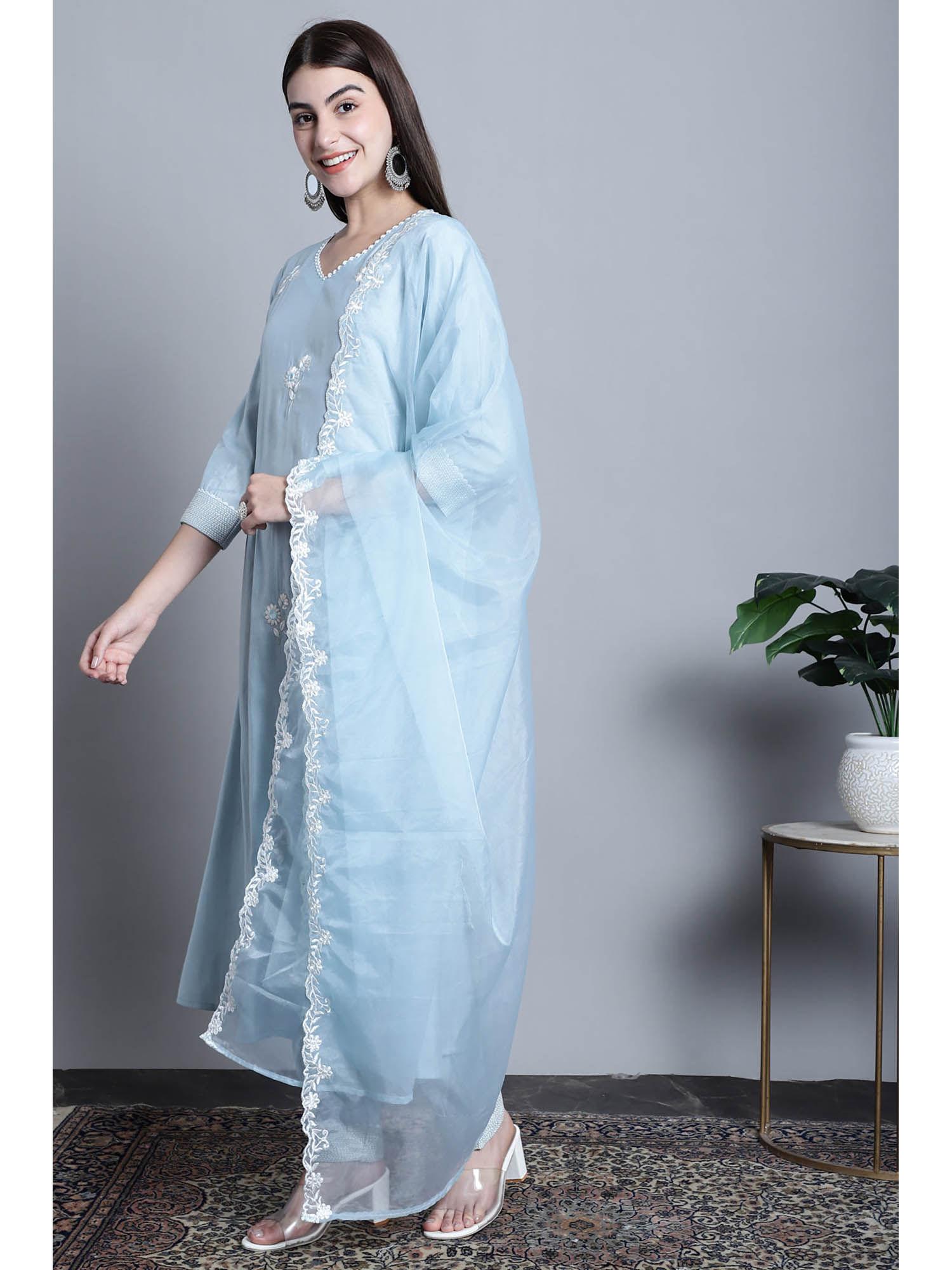 womens silk sky blue kurta with dupatta (set of 3)