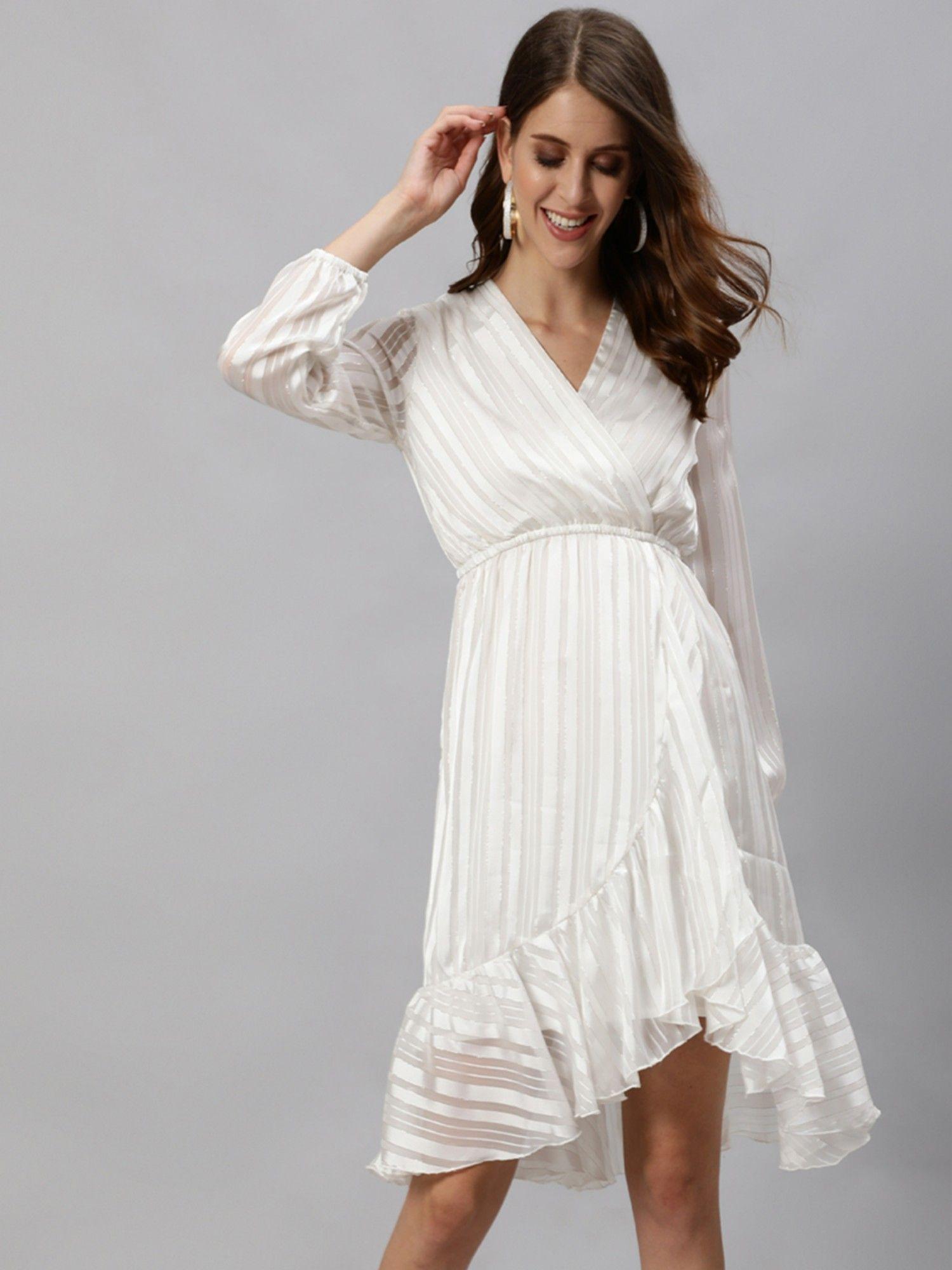 womens silk white striped wrap dress