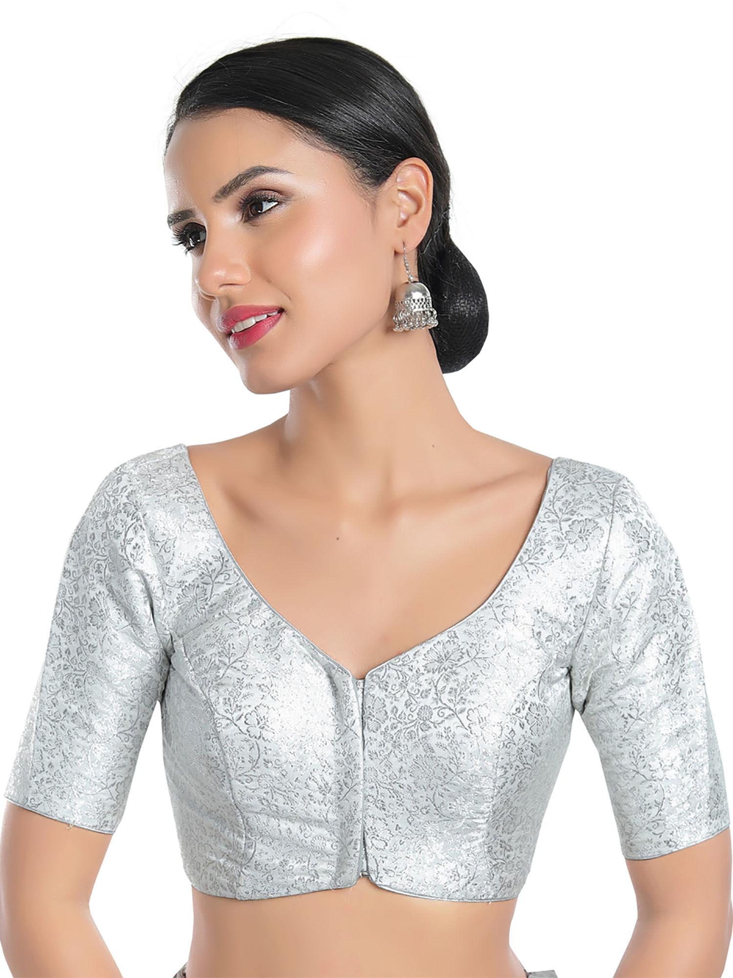 womens silver brocade front open readymade saree blouse