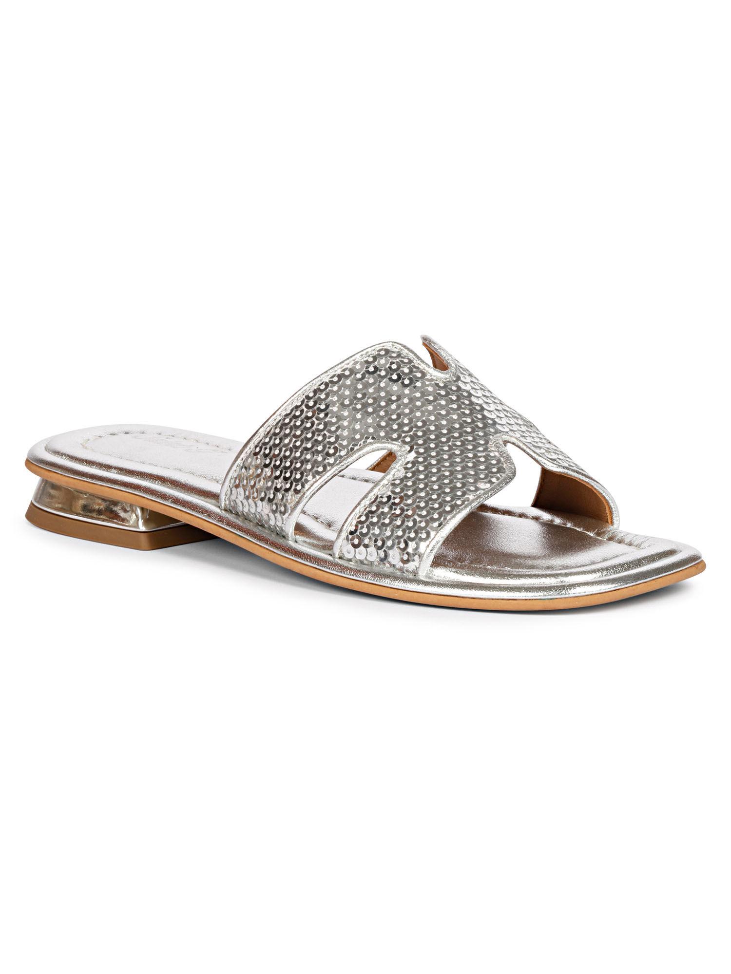 womens silver genuine leather sequined flats