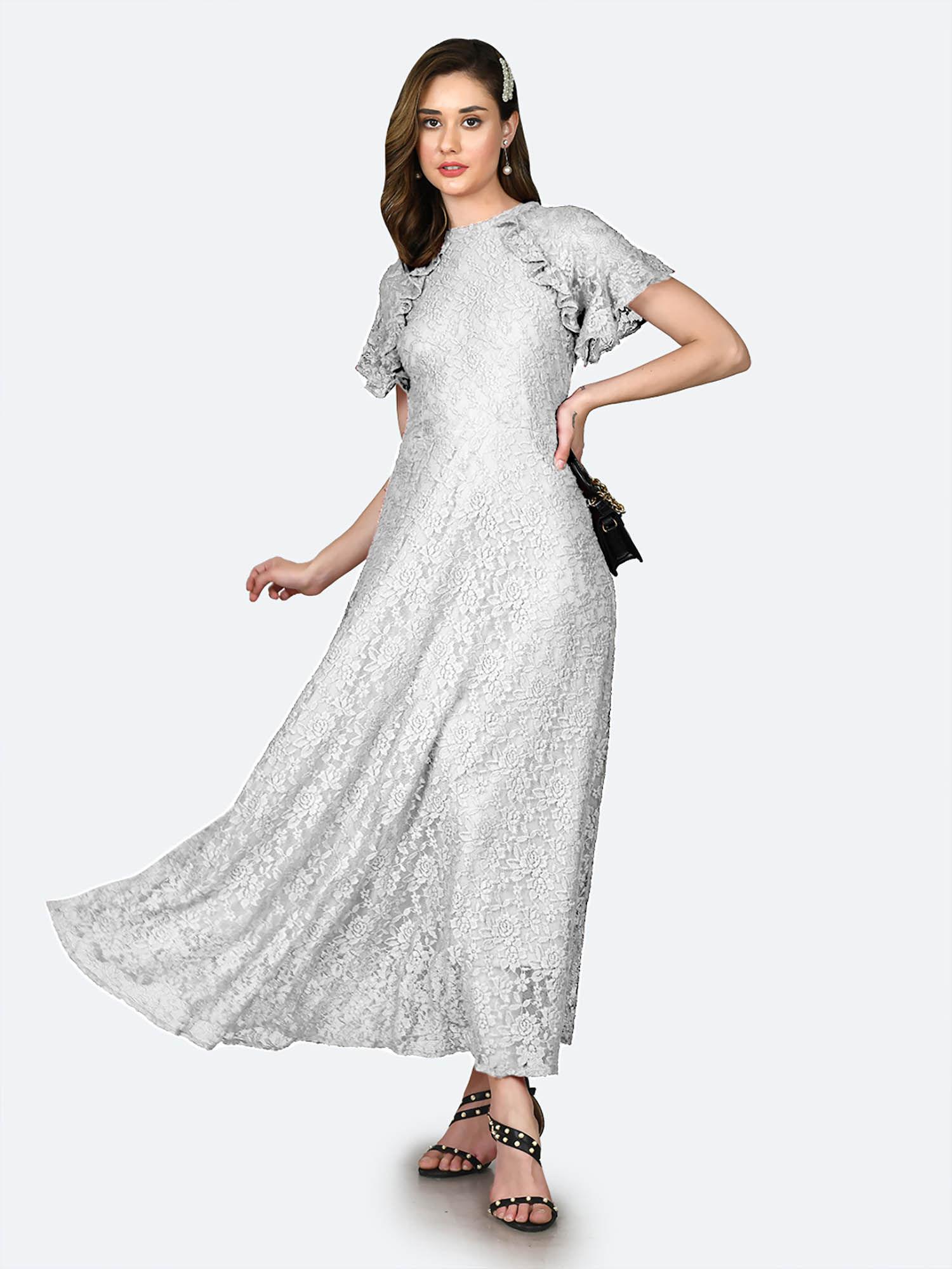 womens silver lace round neck maxi dress