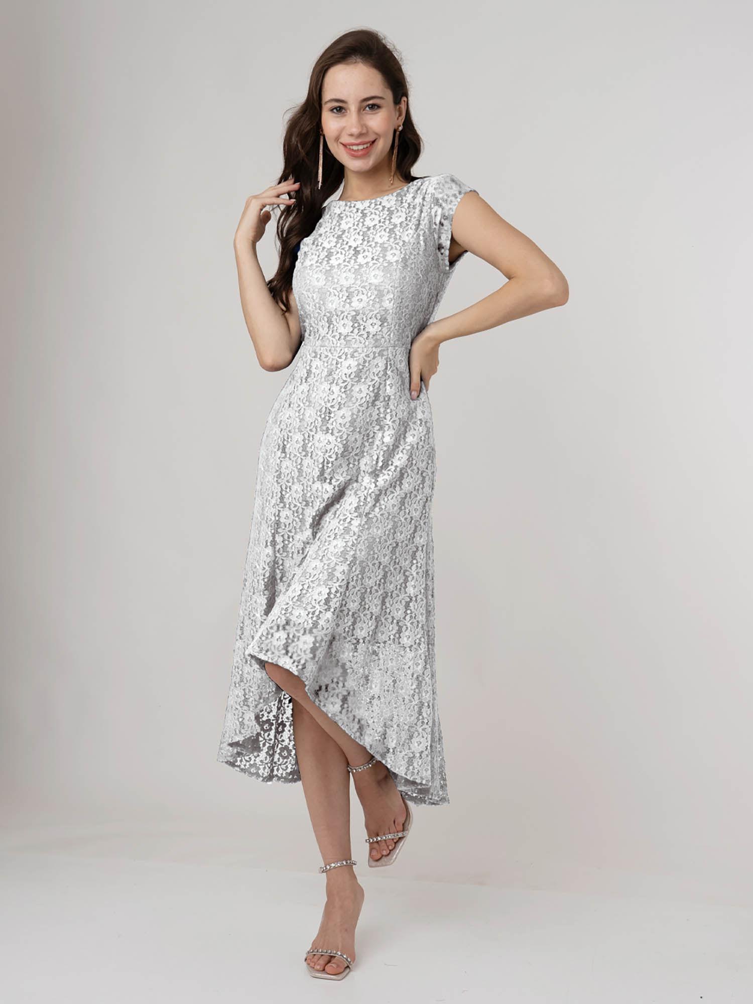 womens silver lace round neck midi dress