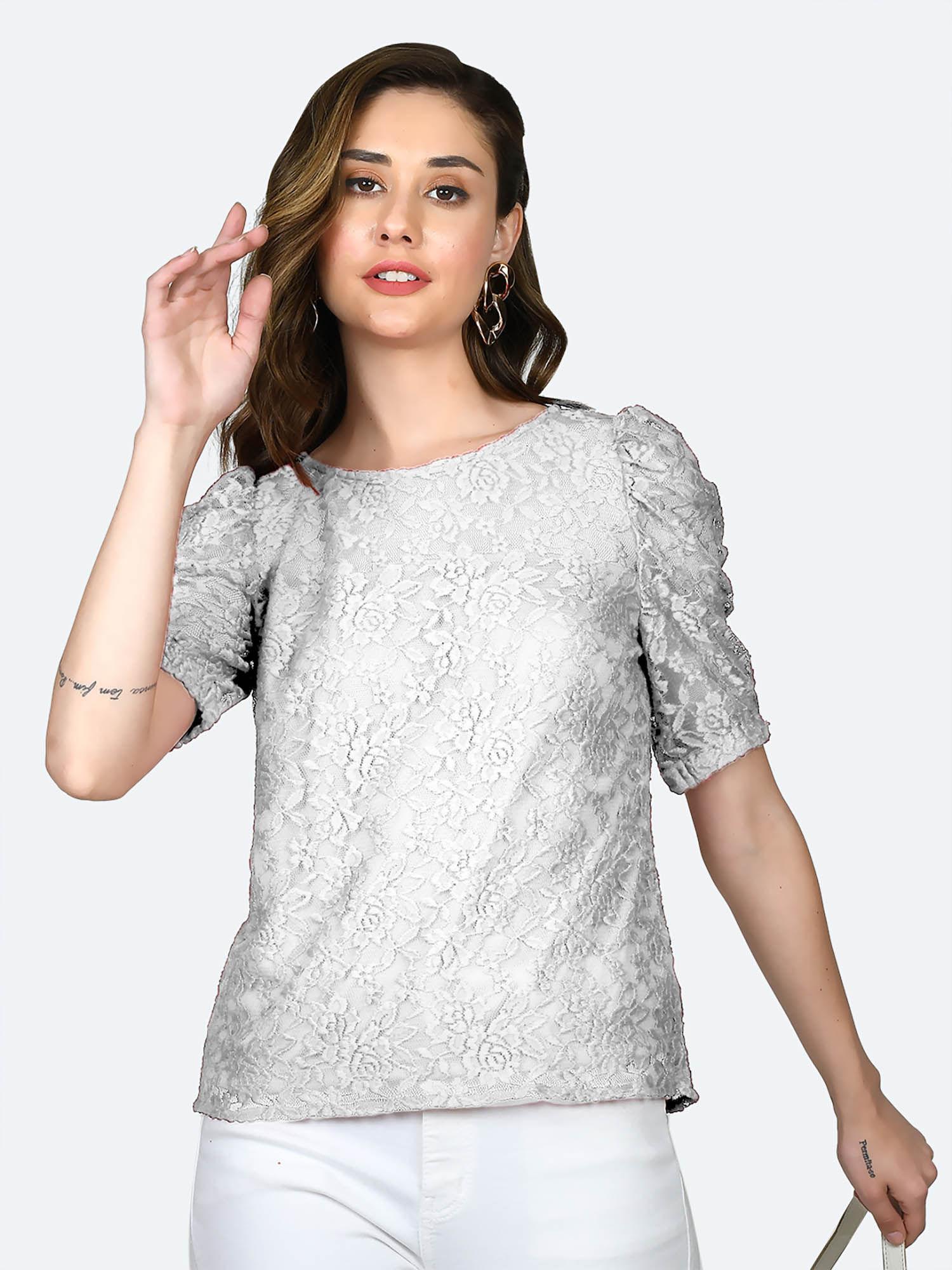 womens silver lace round neck top