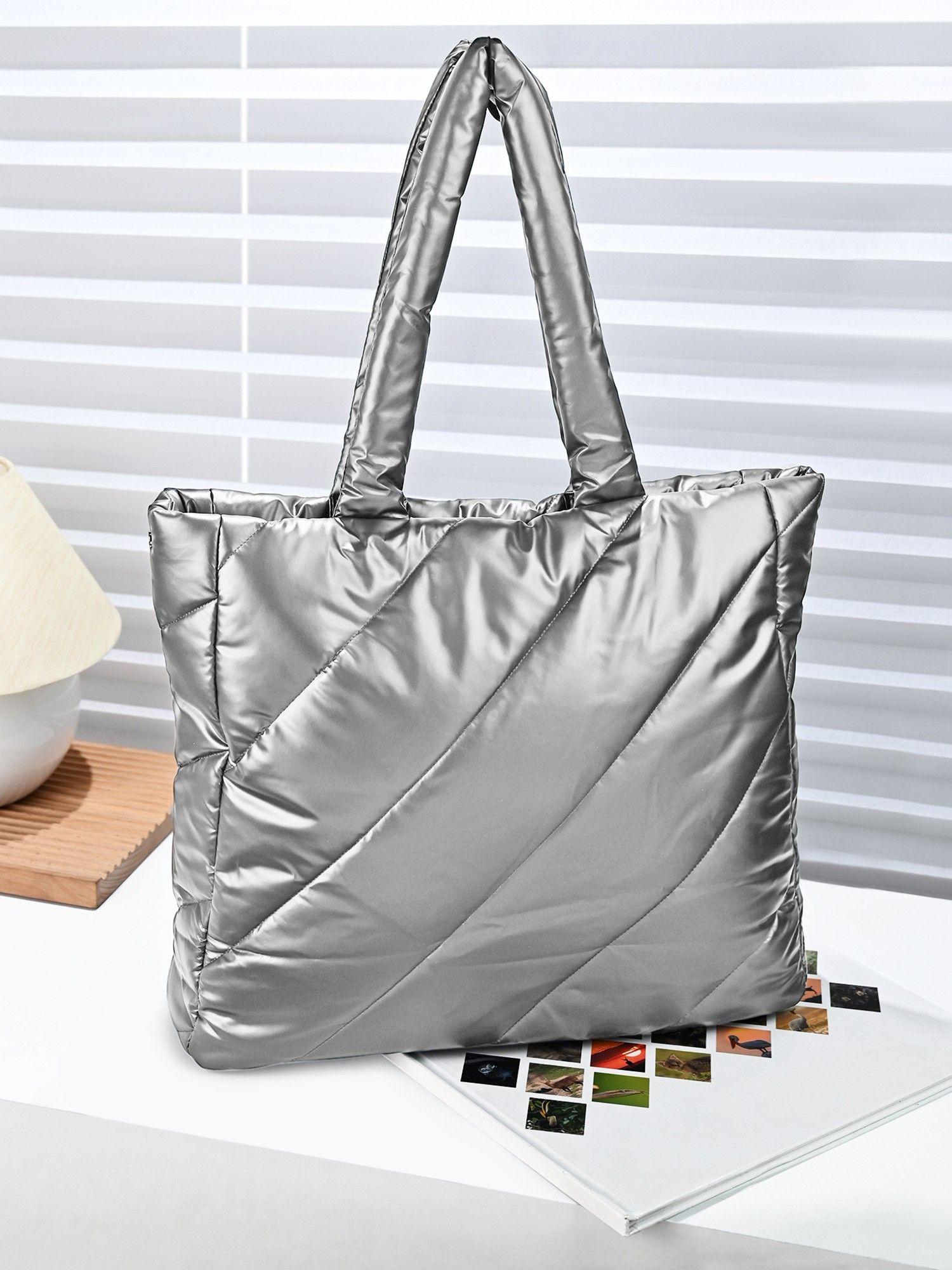 womens silver metallic tote bag