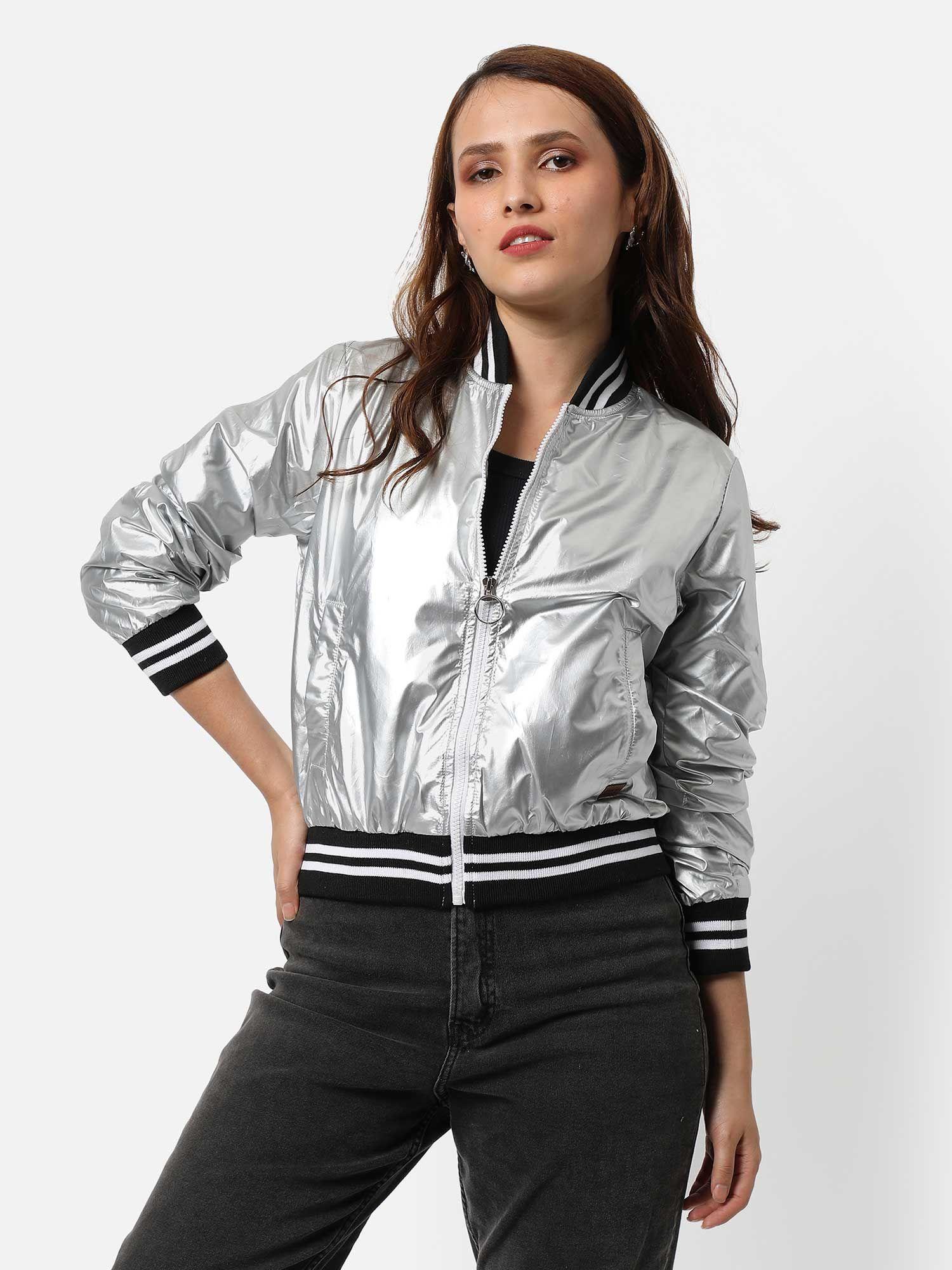 womens silver puffer bomber jacket