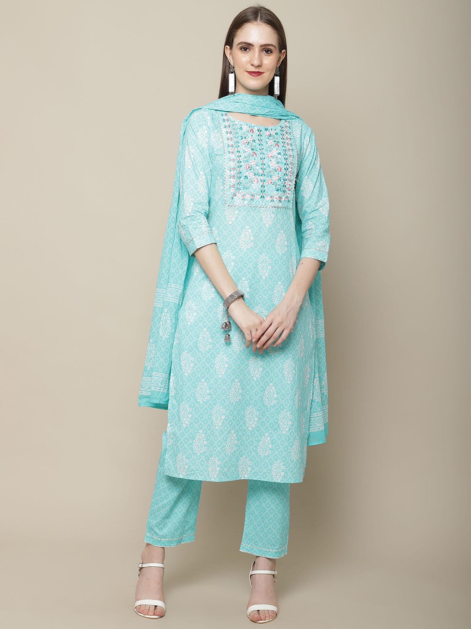 womens sky blue & white embroidered kurta with trouser & dupatta (set of 3)
