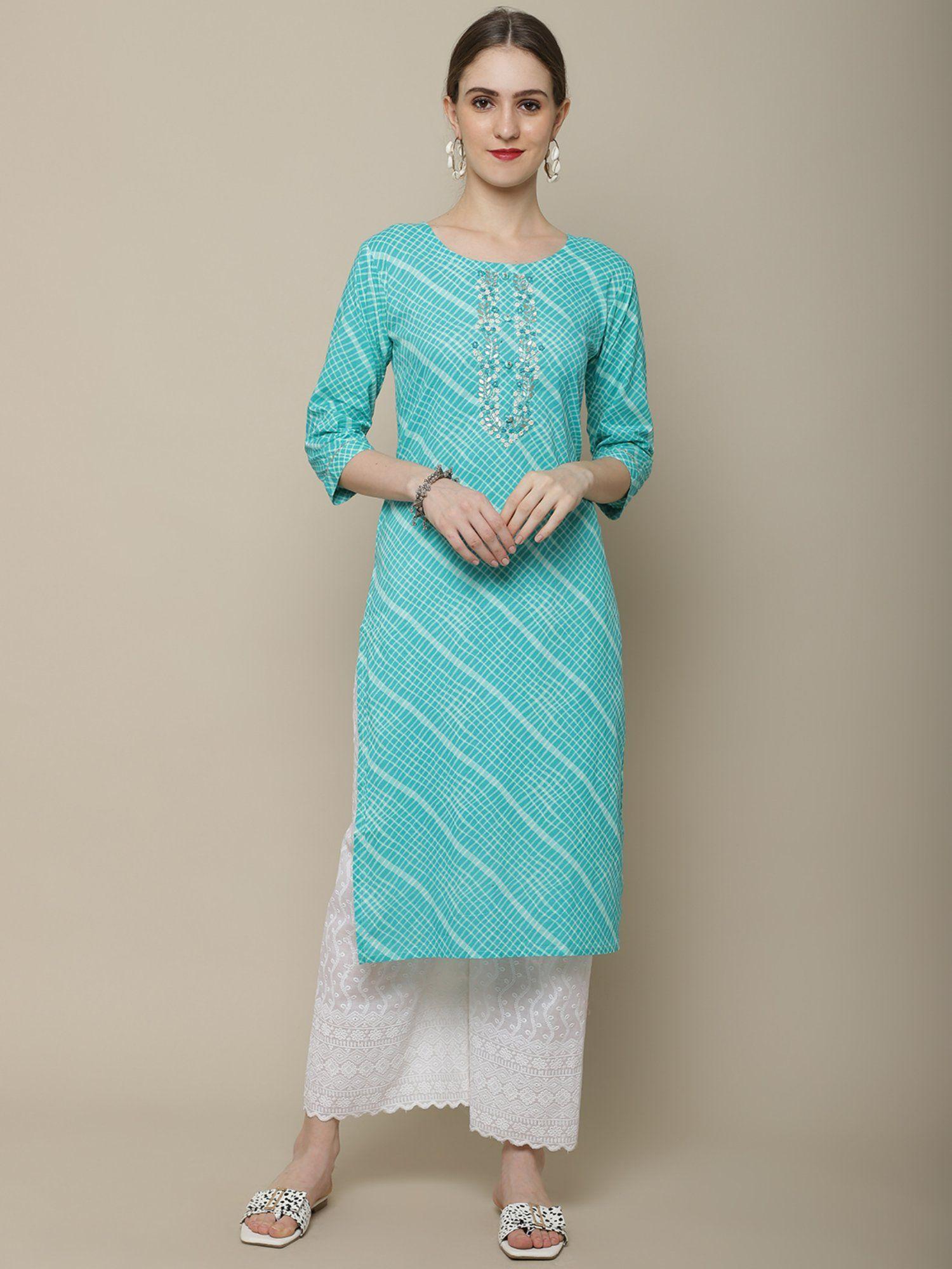 womens sky blue & white embroidered straight kurta