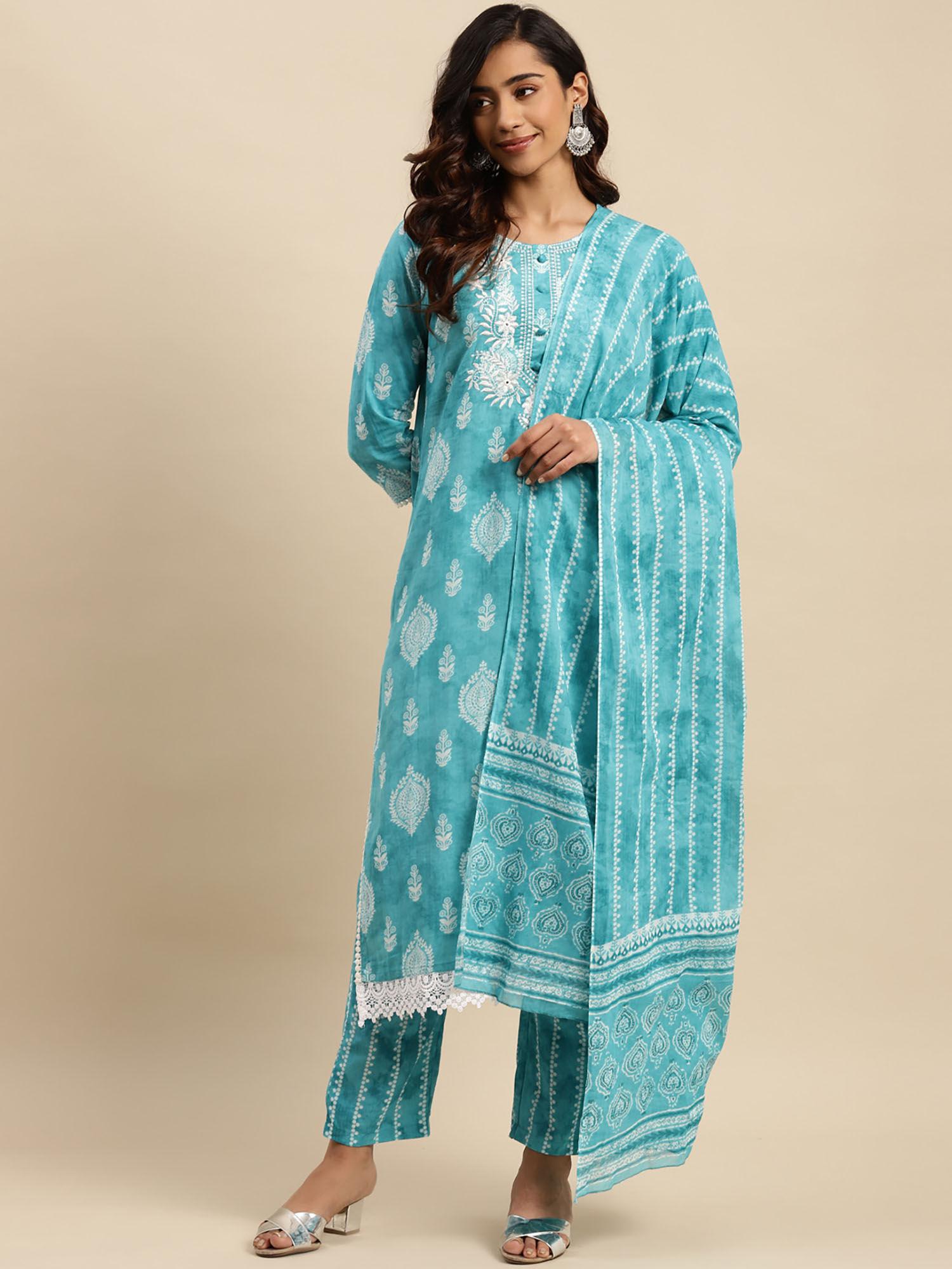 womens sky blue & white yoke embroidered kurta with pant and dupatta (set of 3)