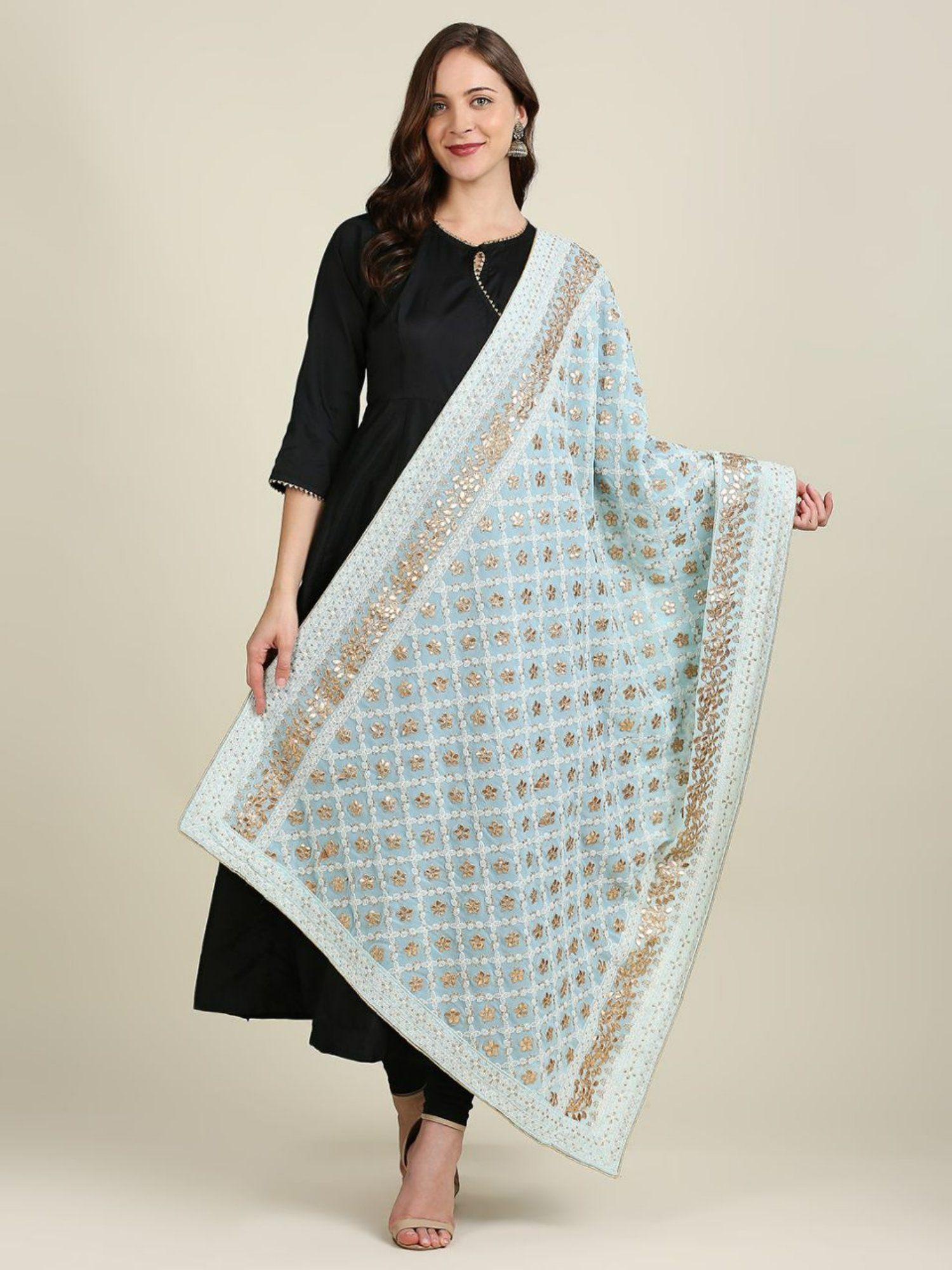 womens sky blue embroidered lucknowi work dupatta with gota patti work