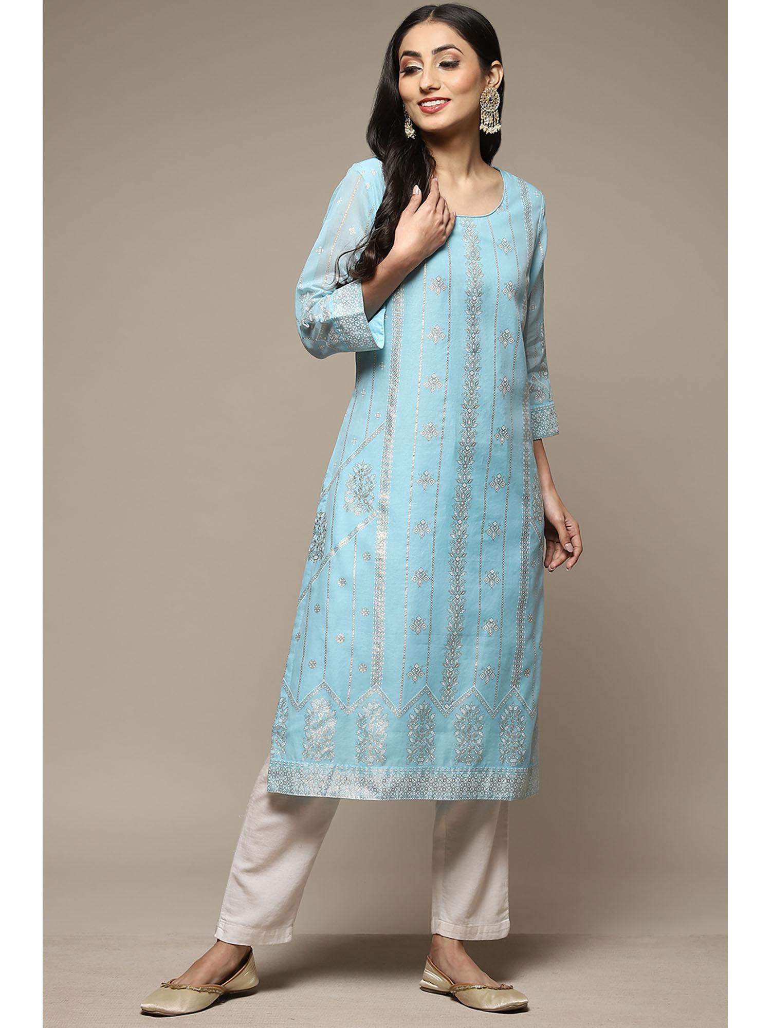 womens sky blue printed poly chanderi straight kurta