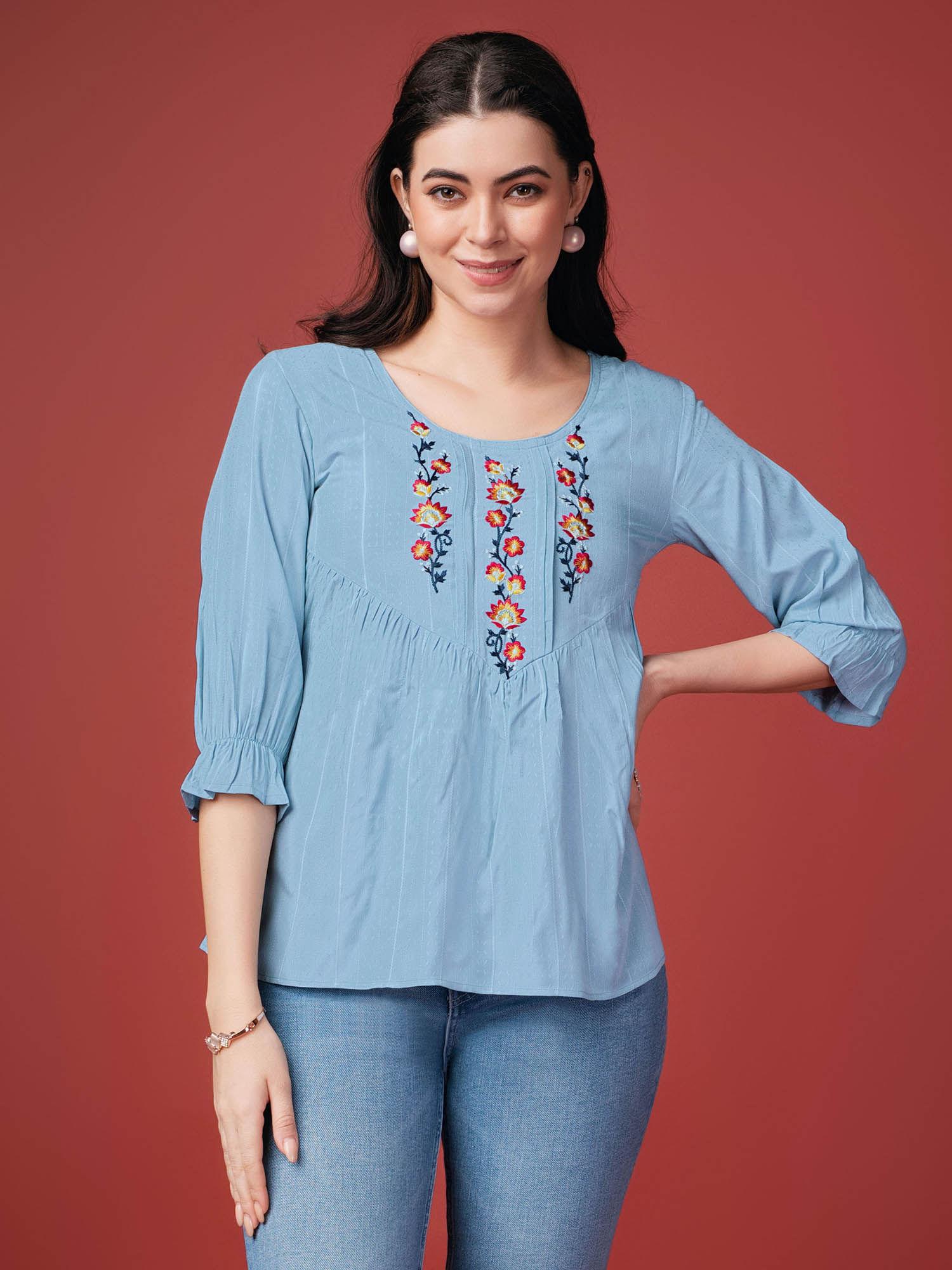 womens sky blue pure viscose rayon floral embroidered a-line top