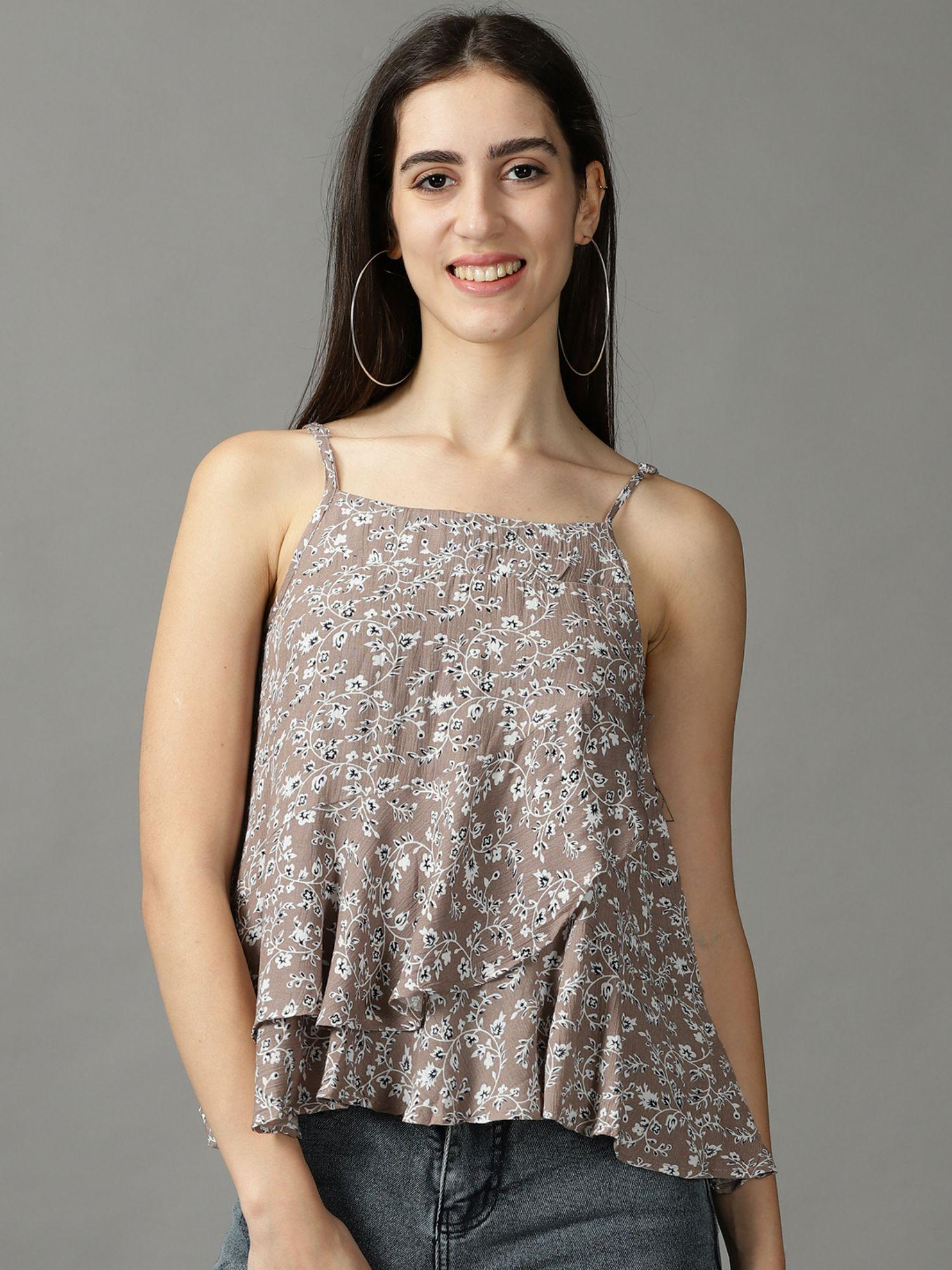 womens sleeveless shoulder straps taupe printed top