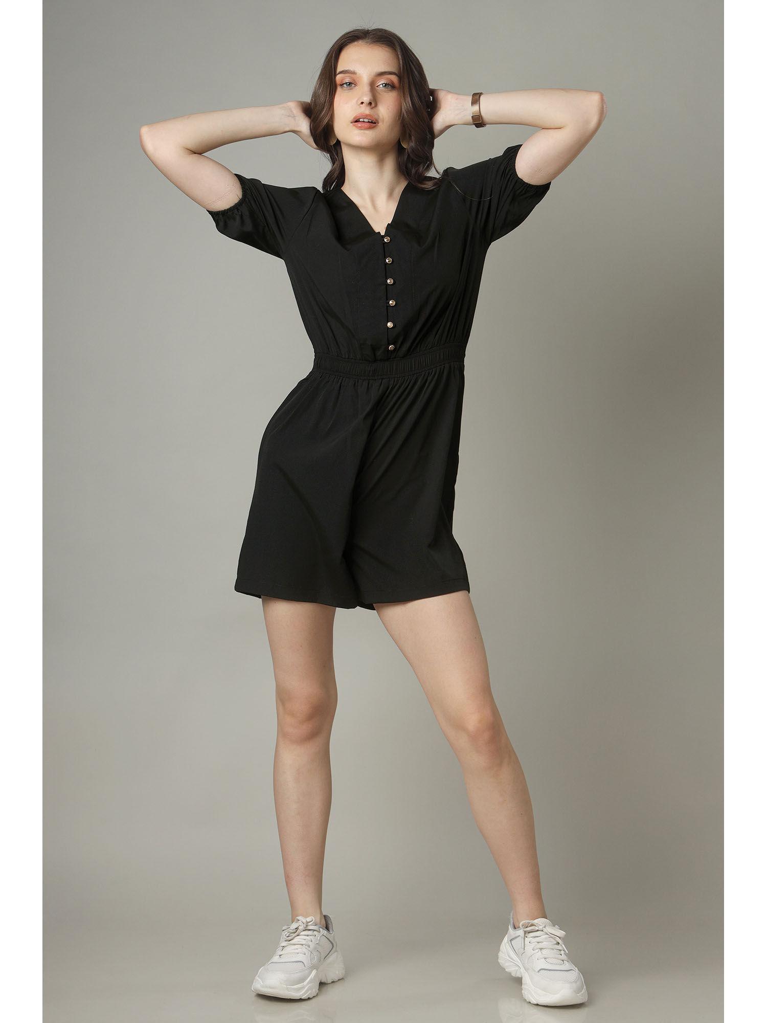 womens solid black elastic waist romper jumpsuit