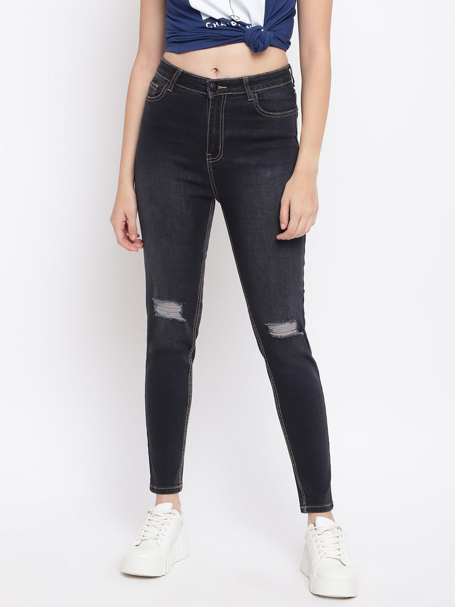 womens solid black high waist skinny fit distressed denim jeans