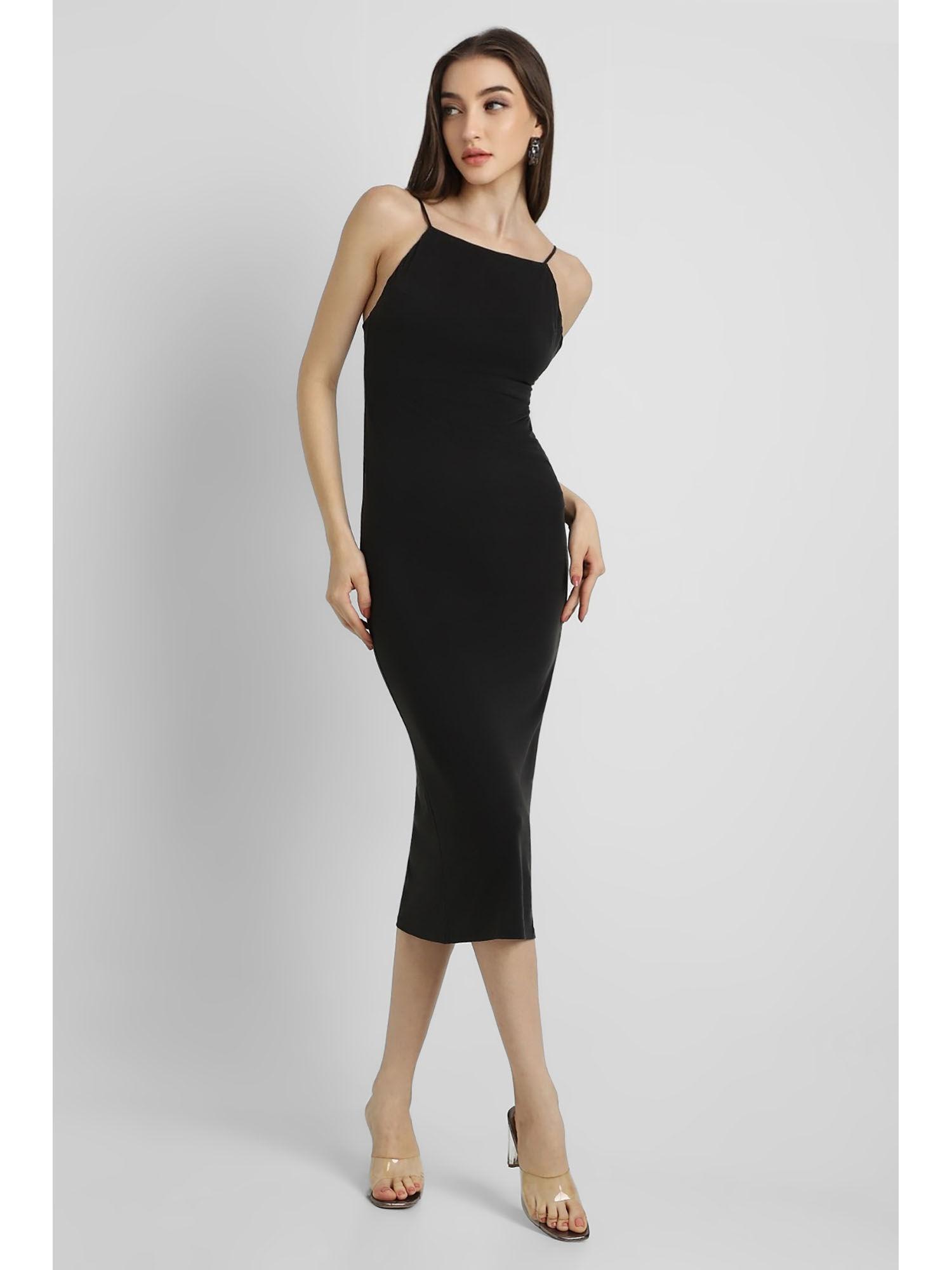 womens solid black midi dress