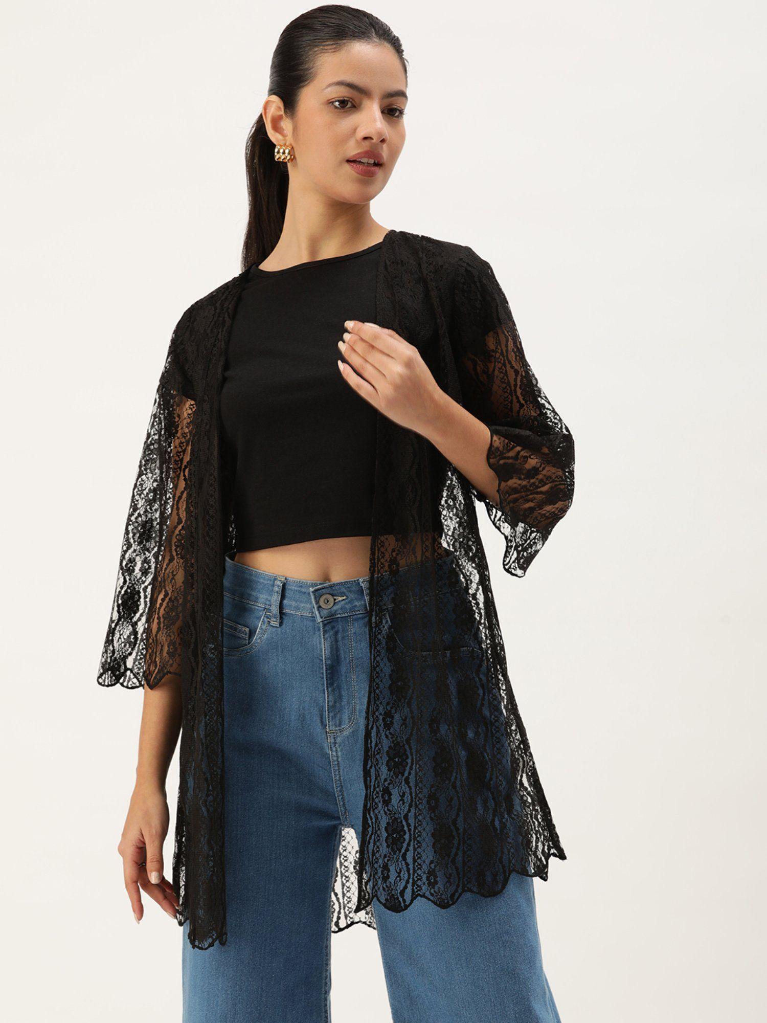 womens solid black three fourth sleeve open front lace shrug