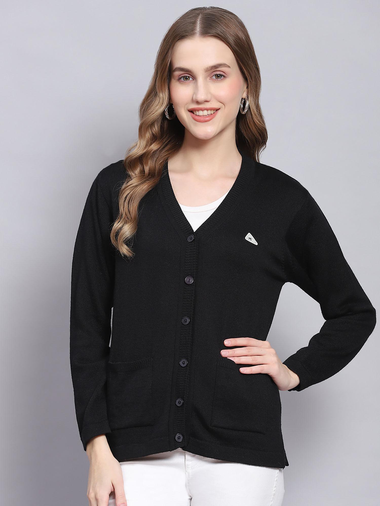 womens solid black v neck full sleeve cardigan