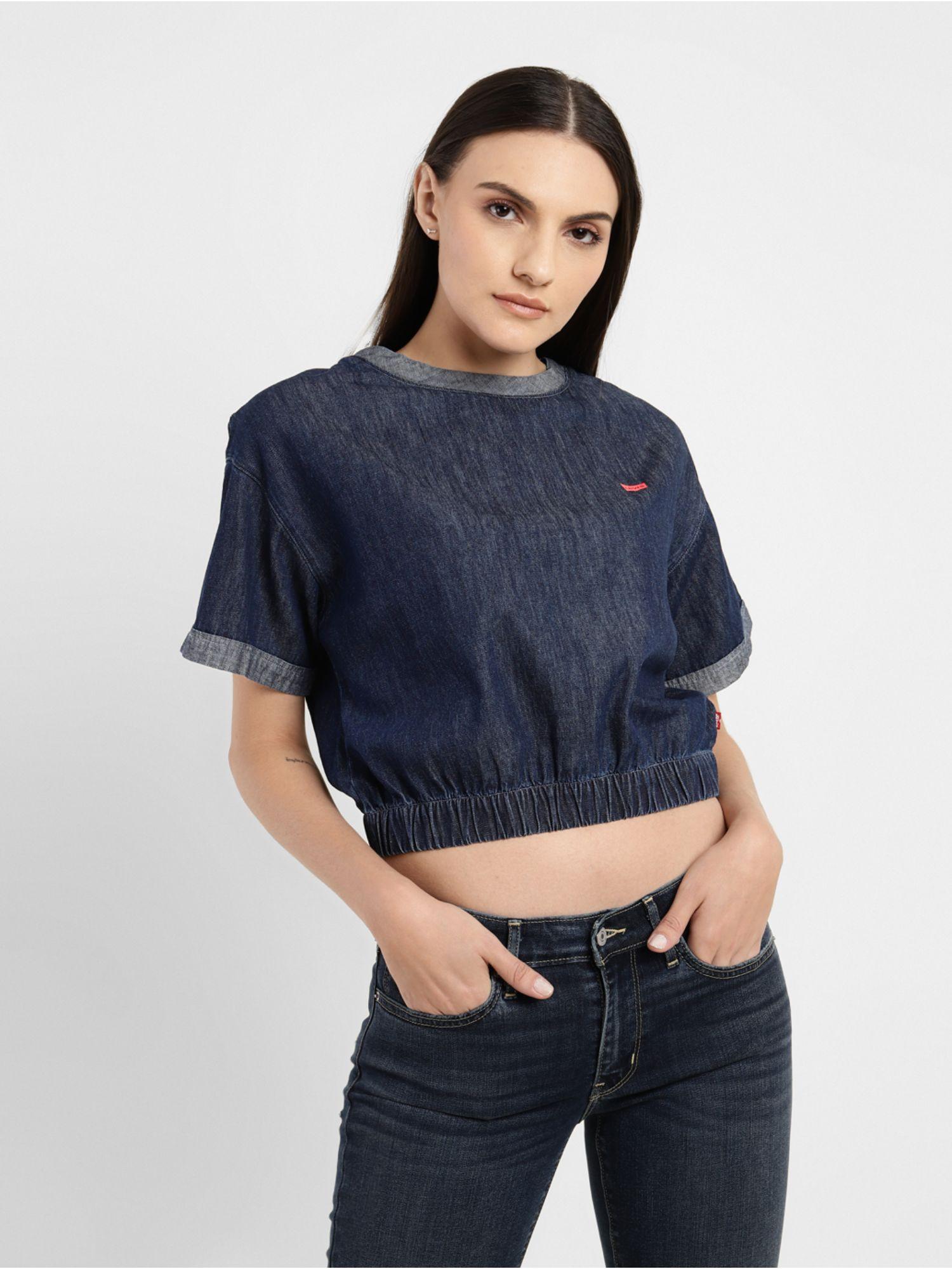 womens solid blue crew neck crop top