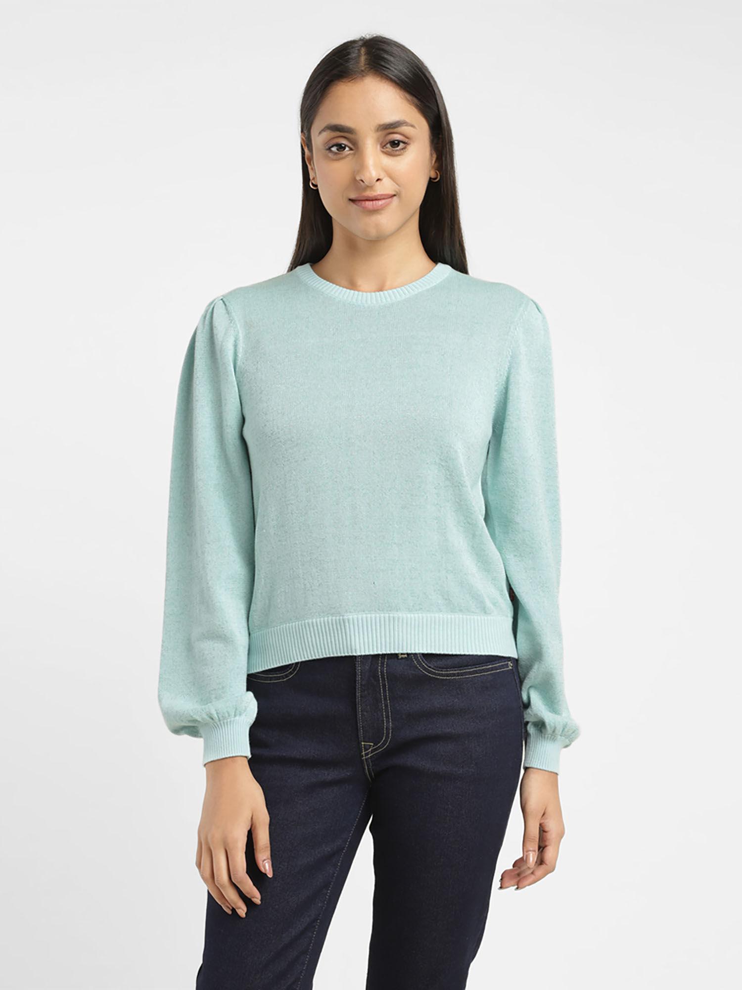 womens solid blue crew neck sweater