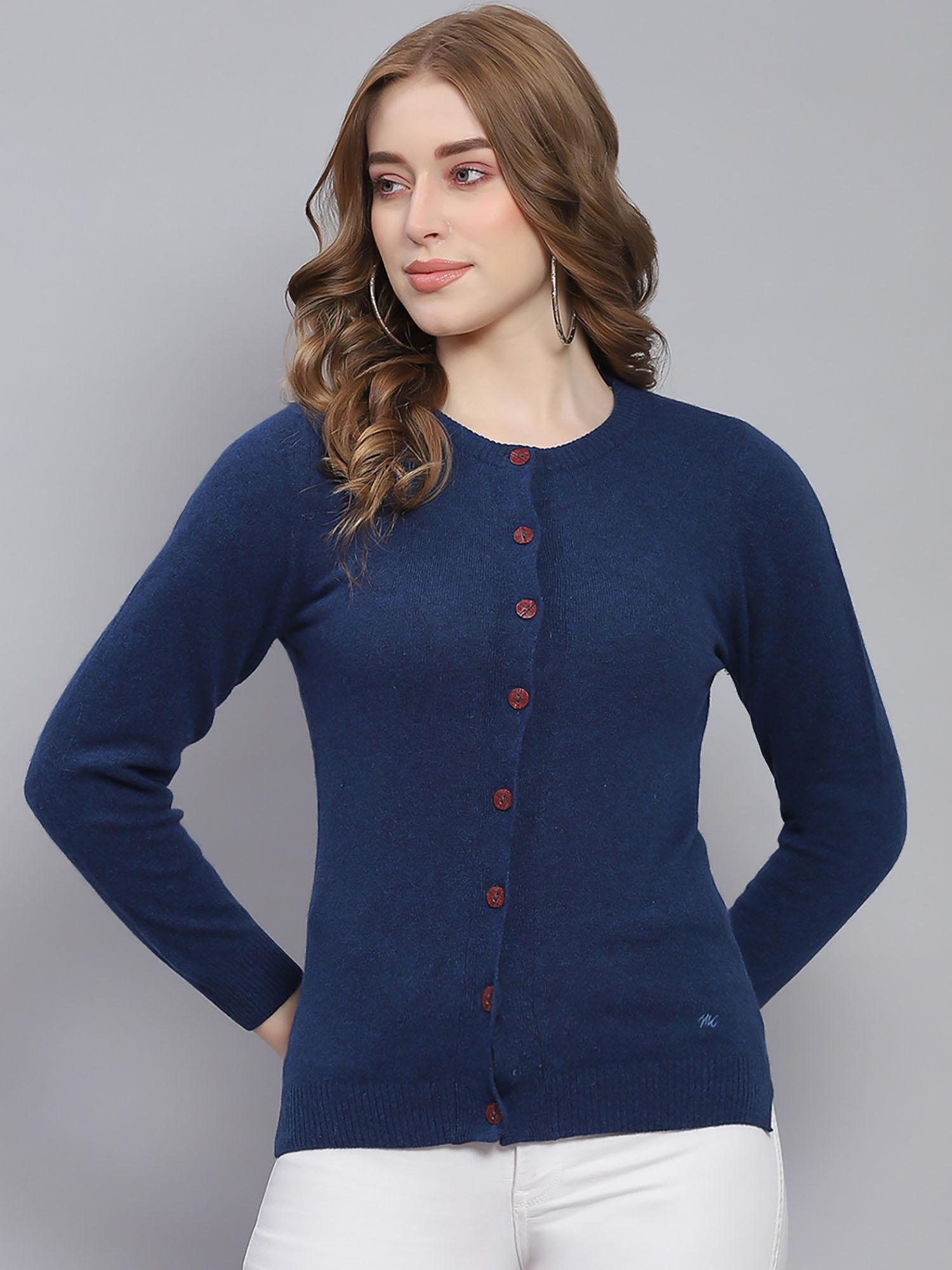 womens solid blue round neck full sleeve cardigan