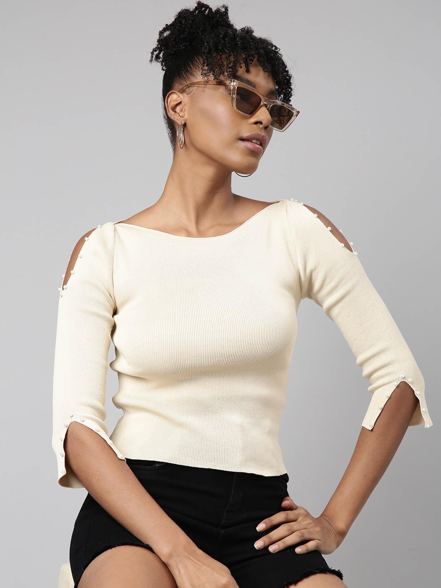 womens solid boat neck cream fitted top