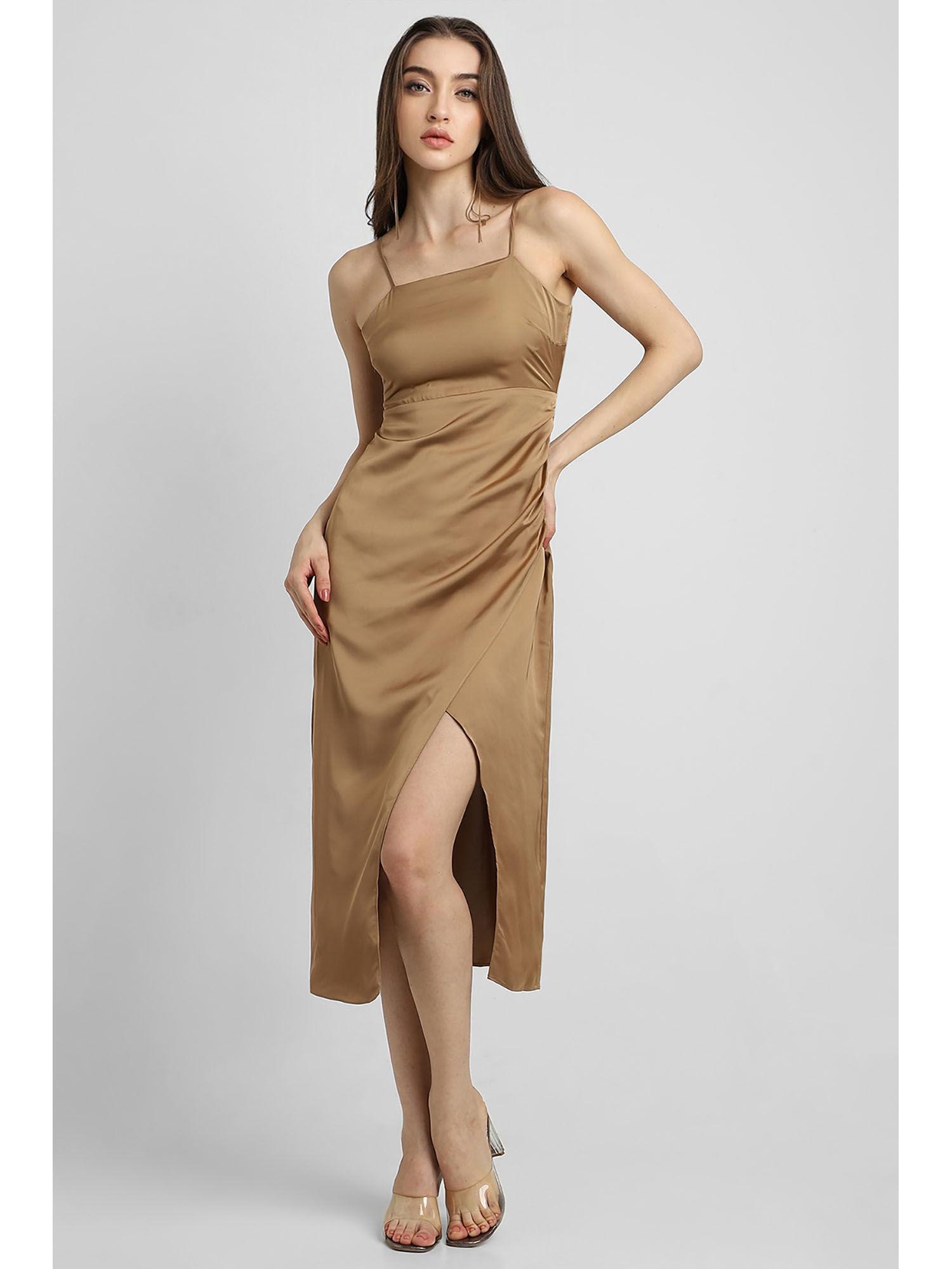 womens solid brown midi dress