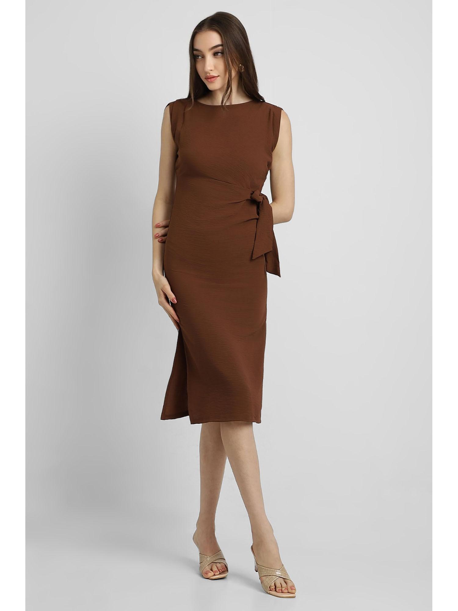 womens solid brown midi dress