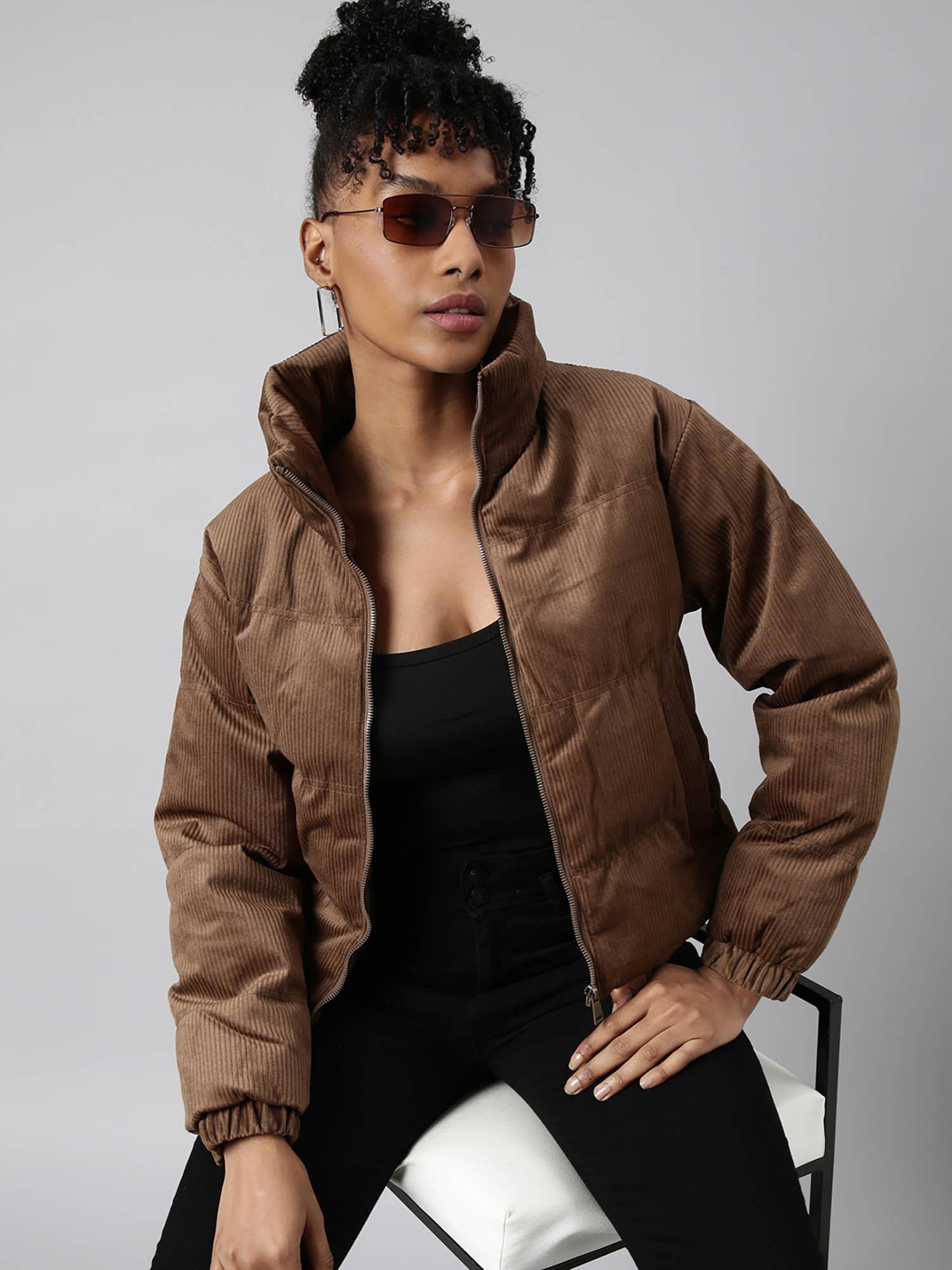 womens solid brown puffer jacket