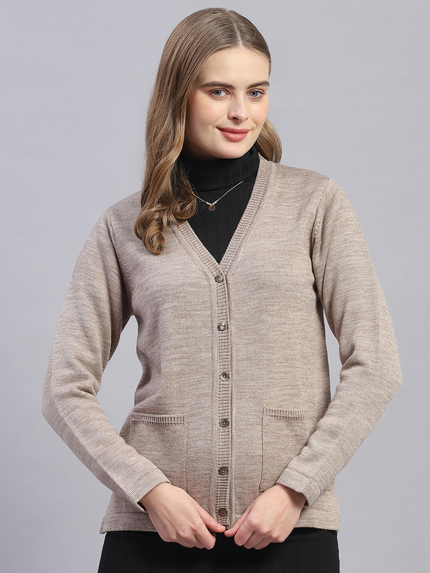 womens solid brown v neck full sleeve cardigan