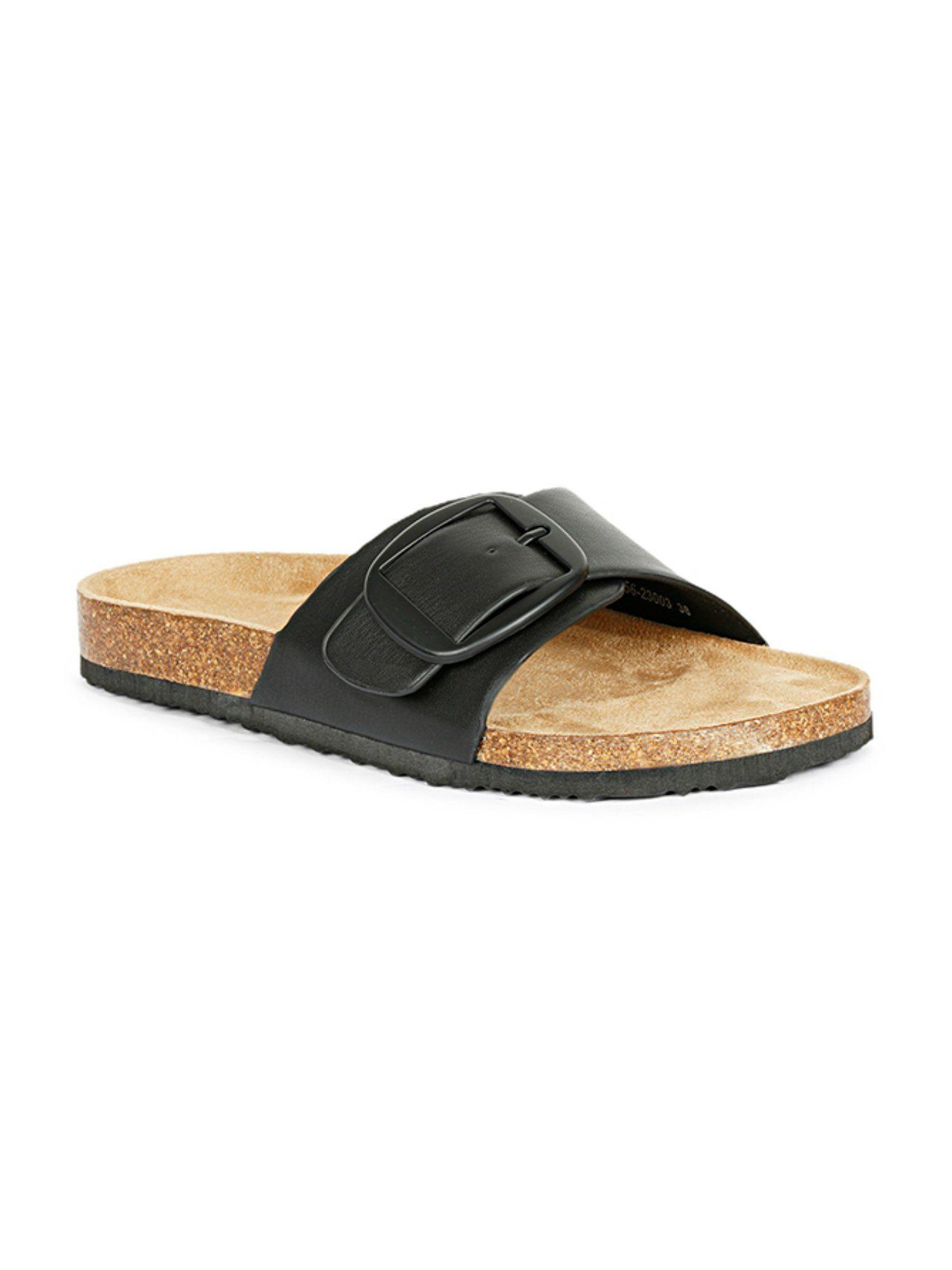 womens solid buckled sliders-black