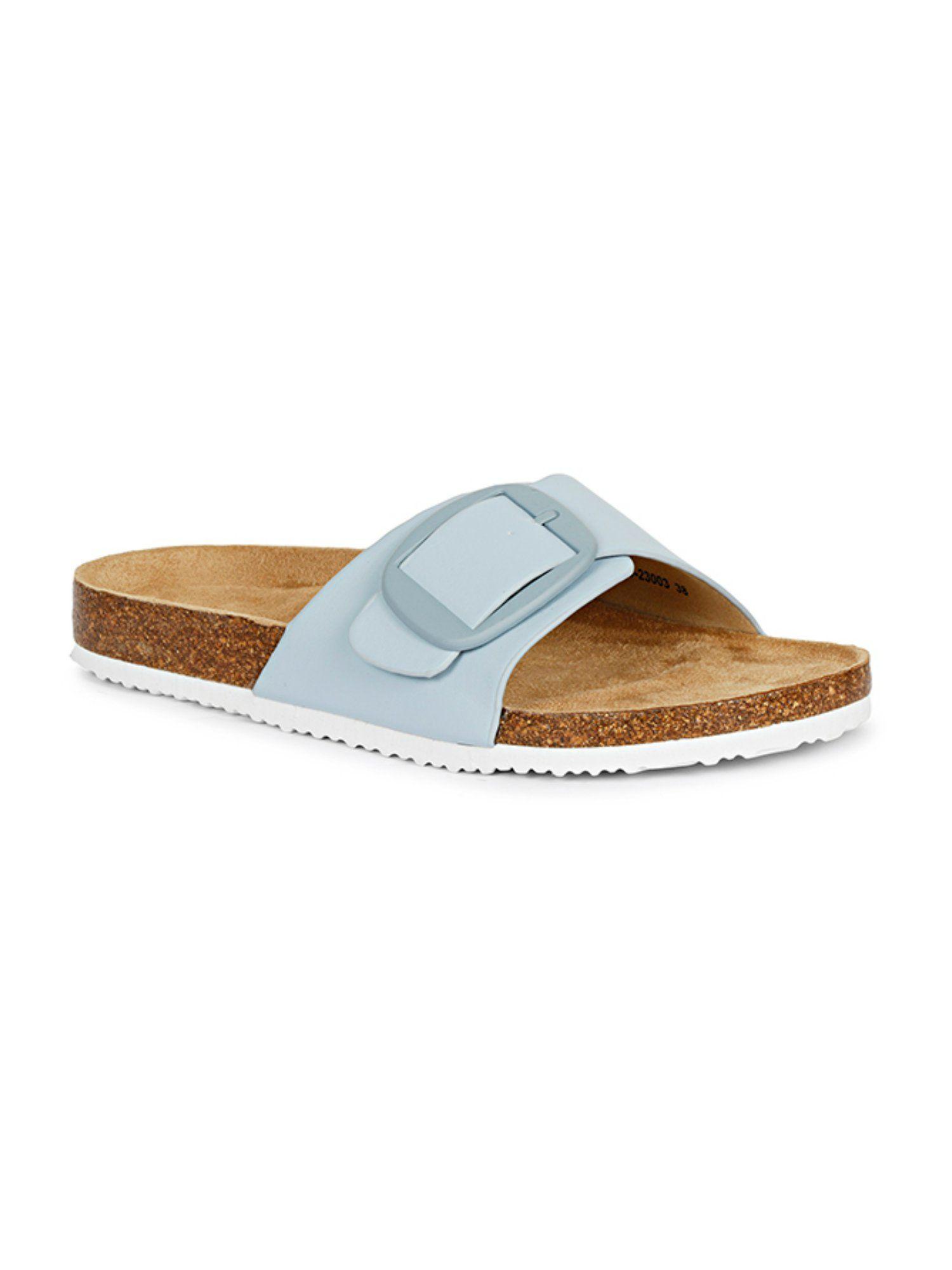 womens solid buckled sliders-blue