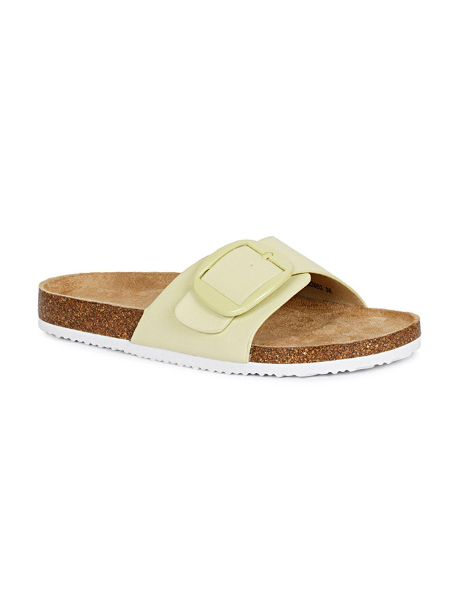 womens solid buckled sliders-green