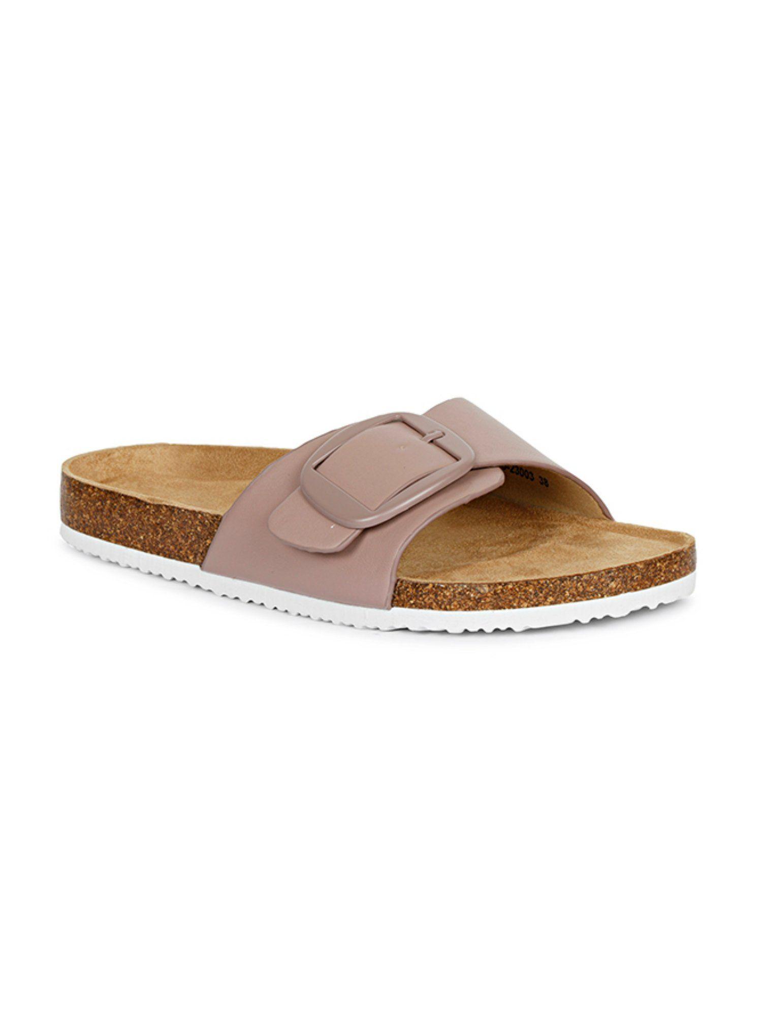 womens solid buckled sliders-pink