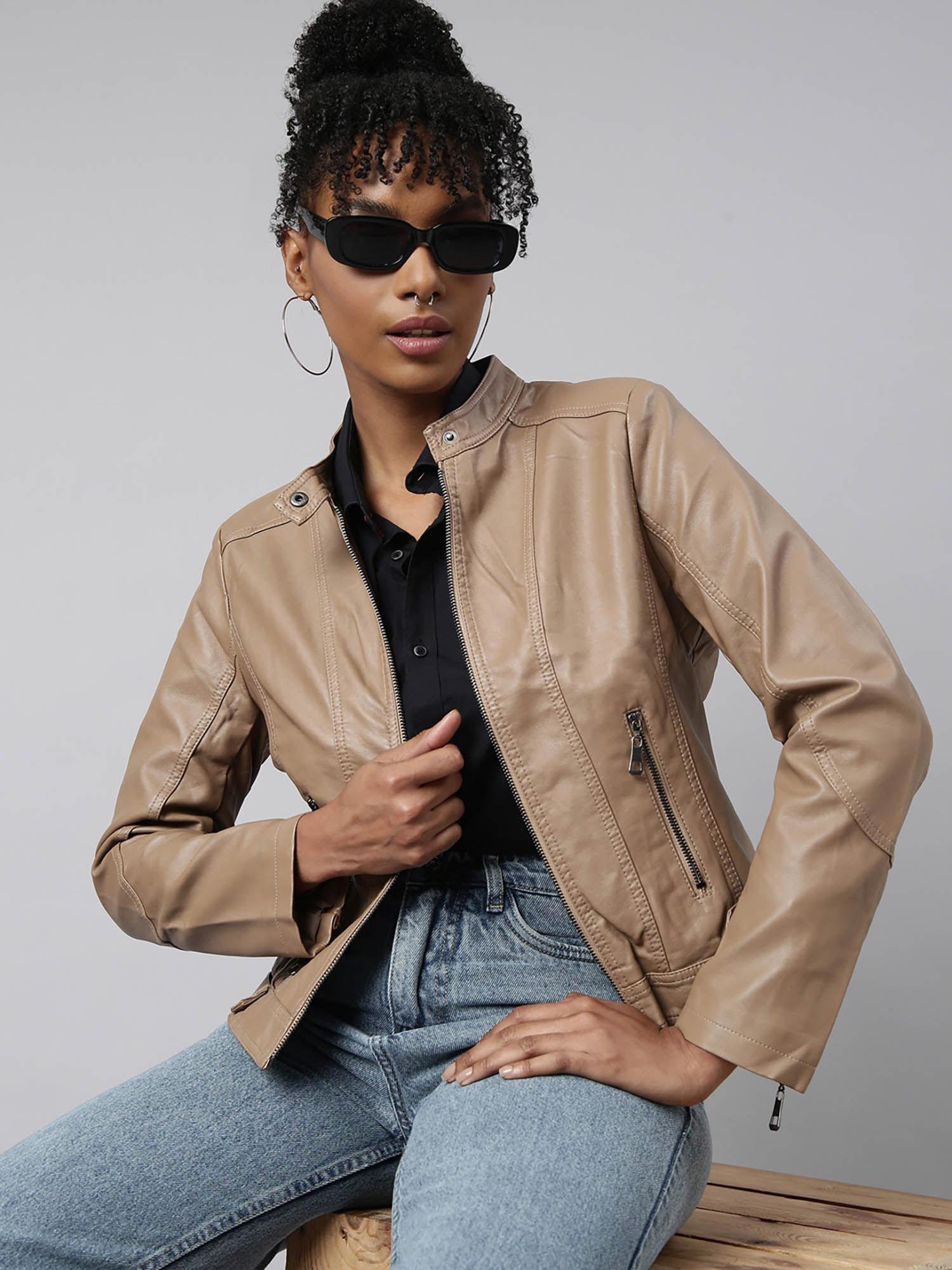 womens solid camel brown biker jacket