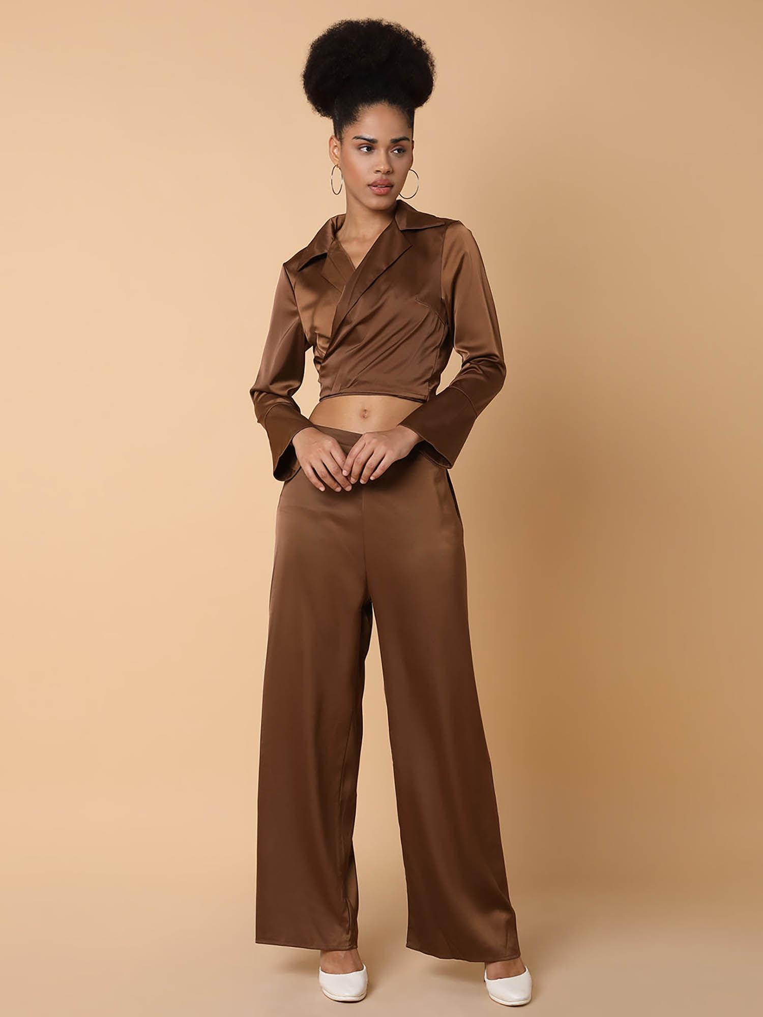 womens solid collared brown top and trousers set (set of 2)