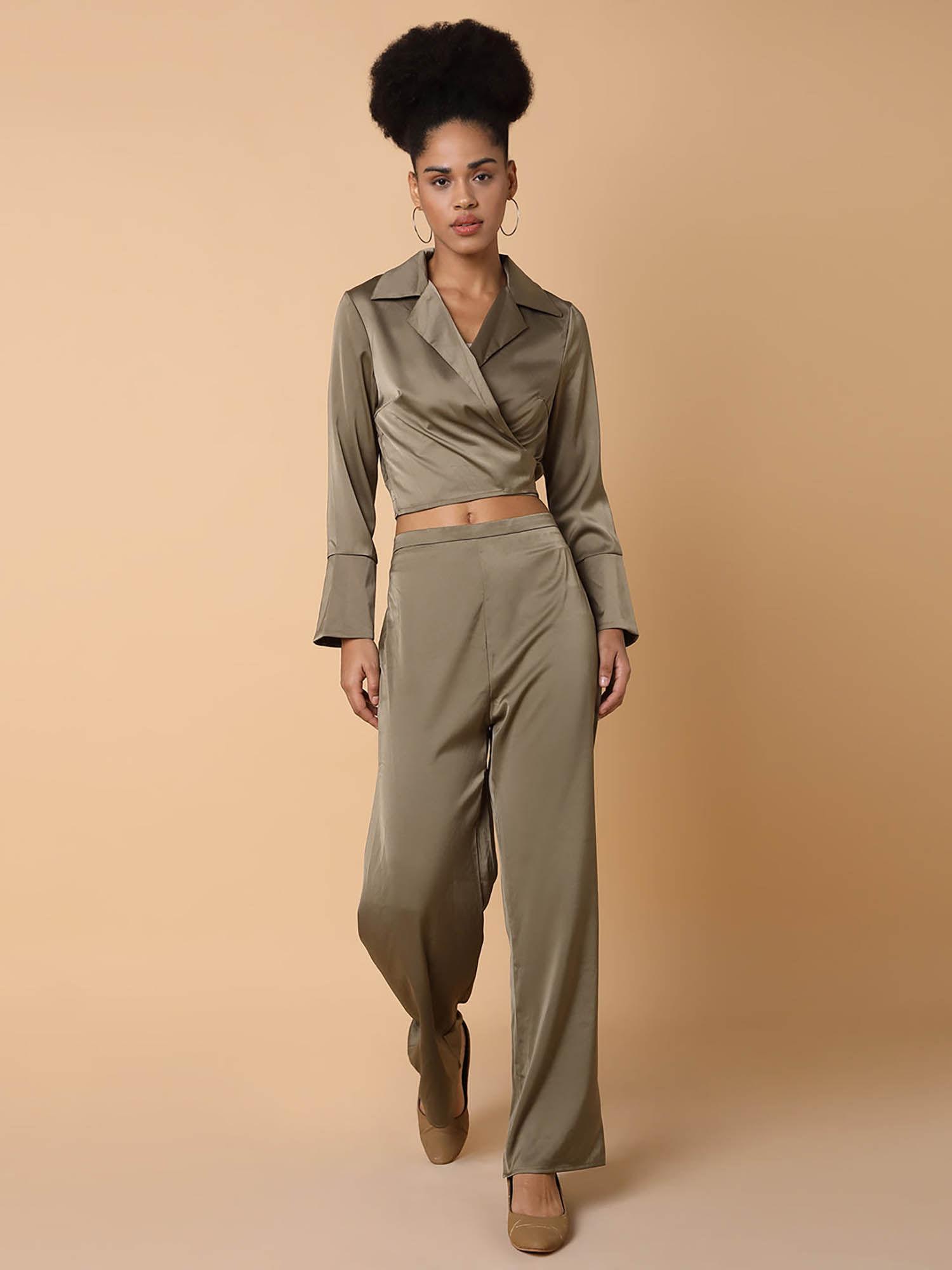 womens solid collared olive top and trousers set (set of 2)