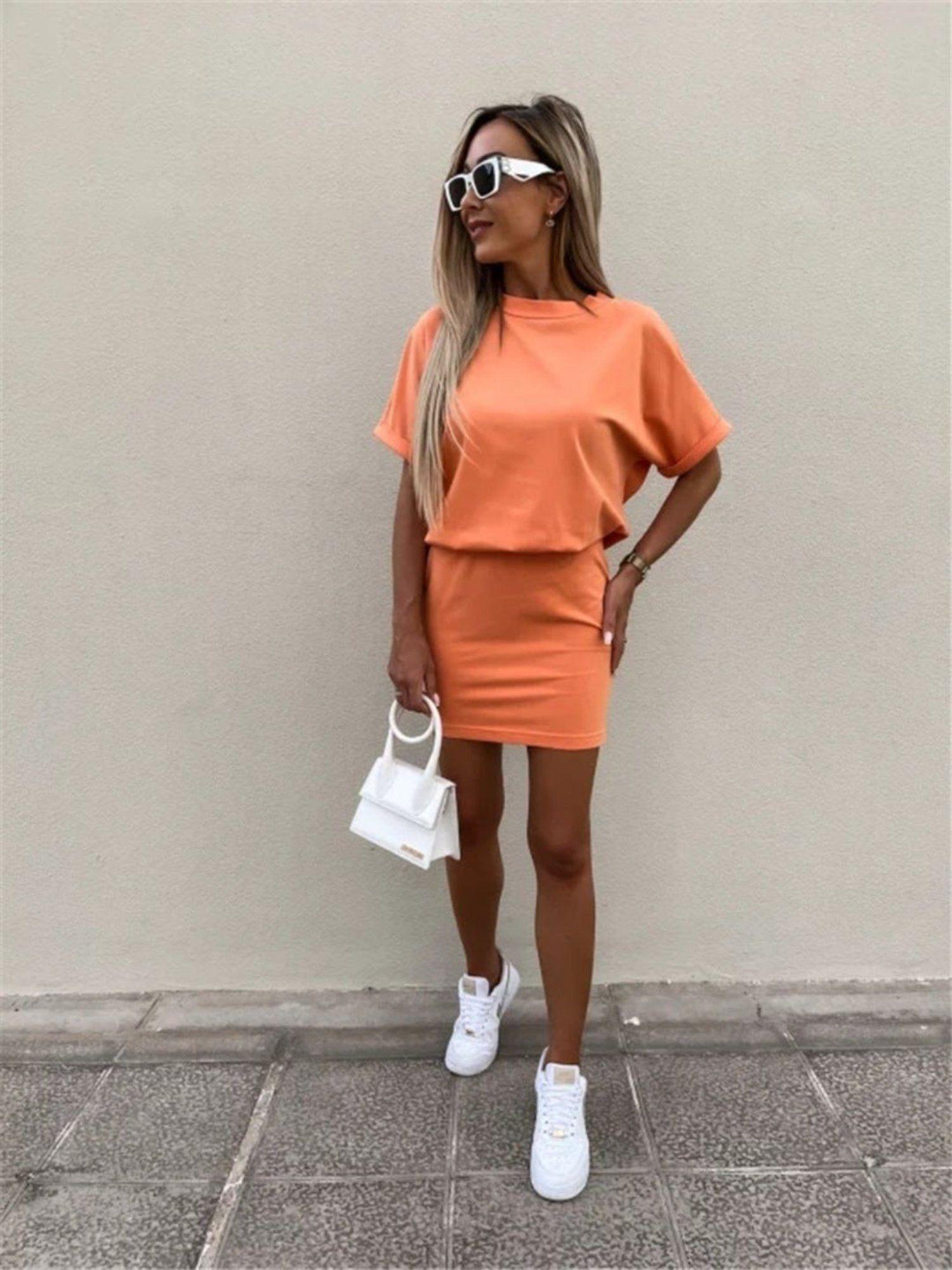 womens solid color hip hugging pencil shaped casual mini dress orange