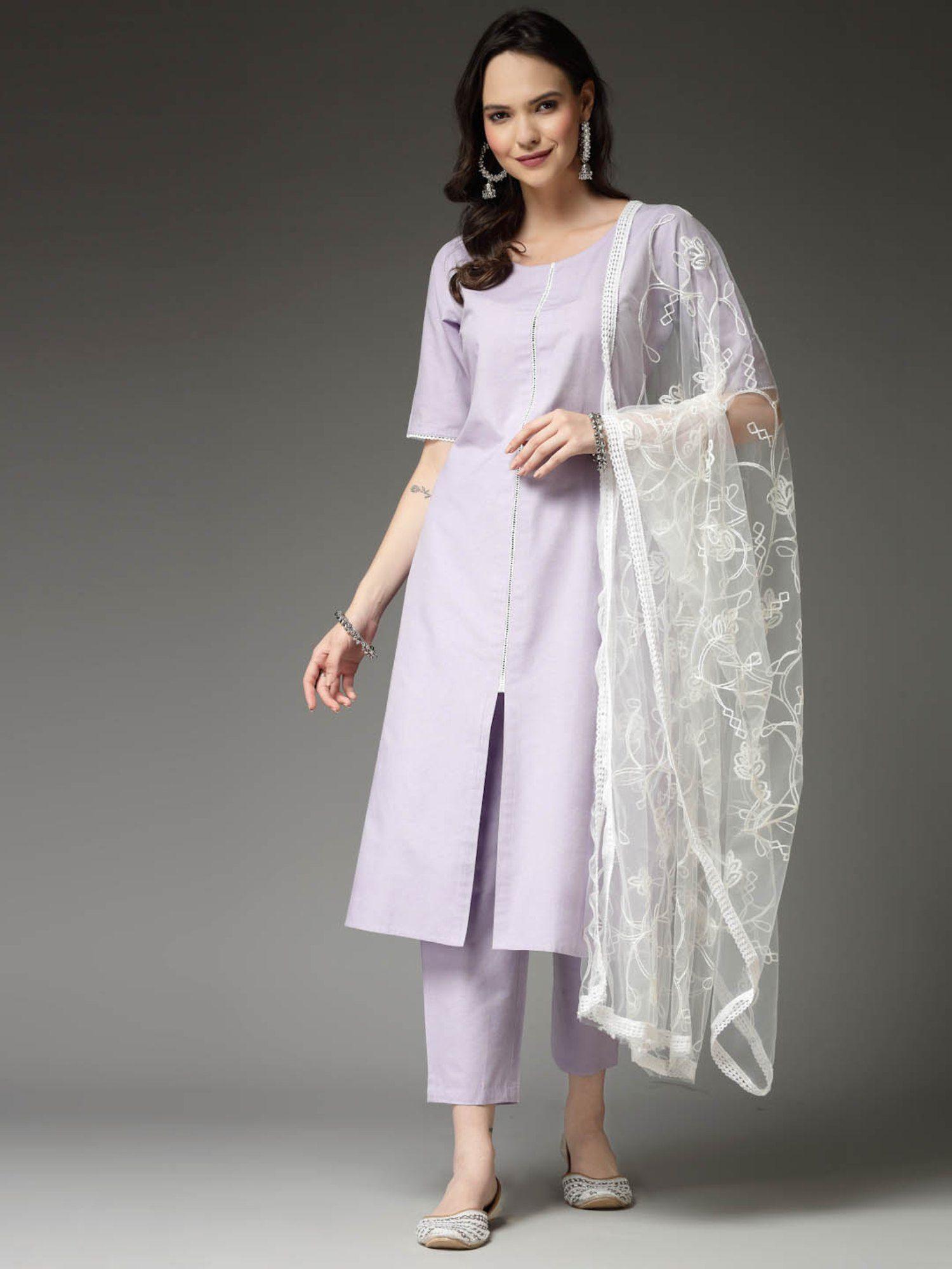 womens solid cotton blend straight kurta & pant with dupatta (set of 3)