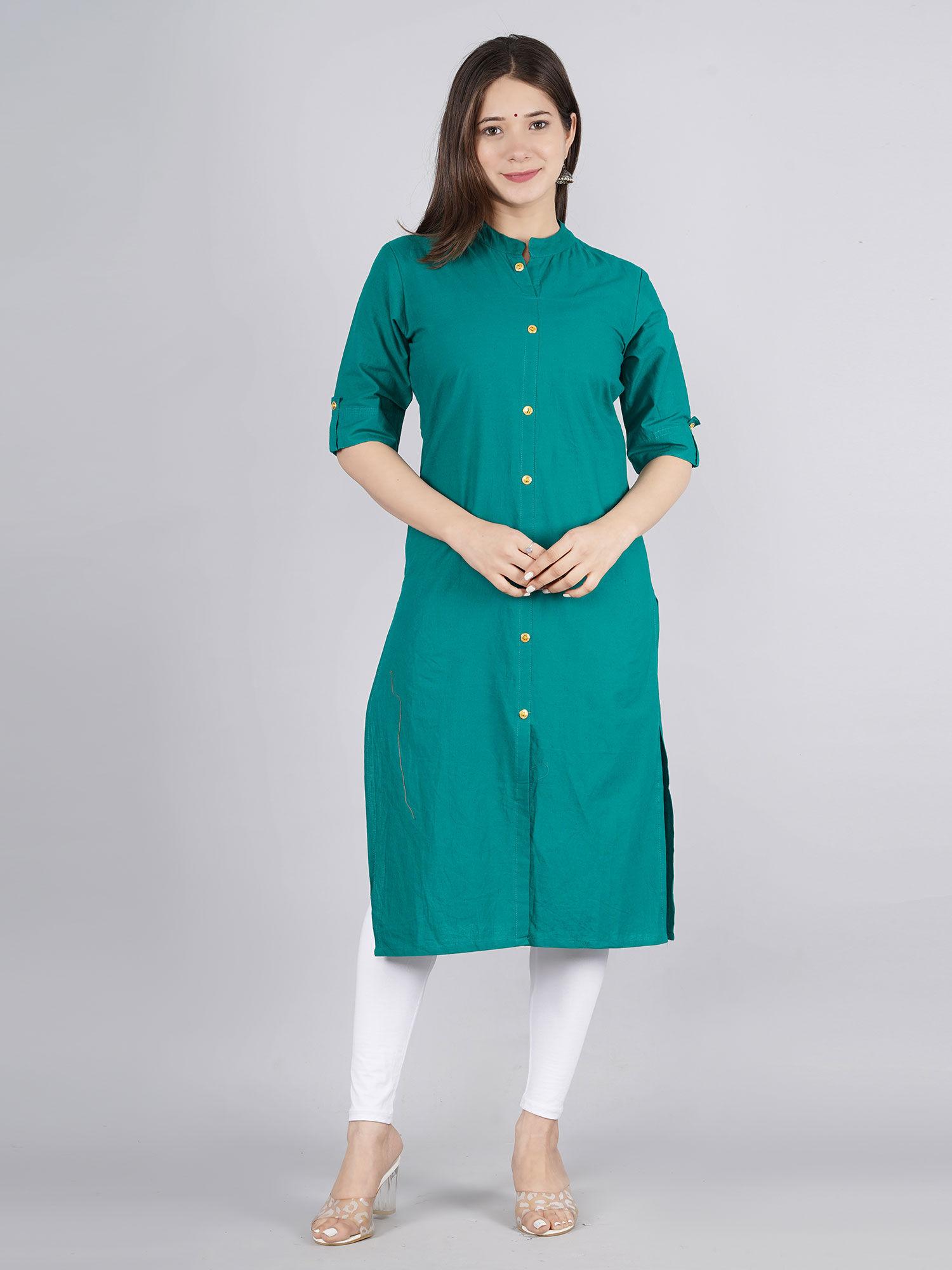 womens solid cotton fabric kurta green color