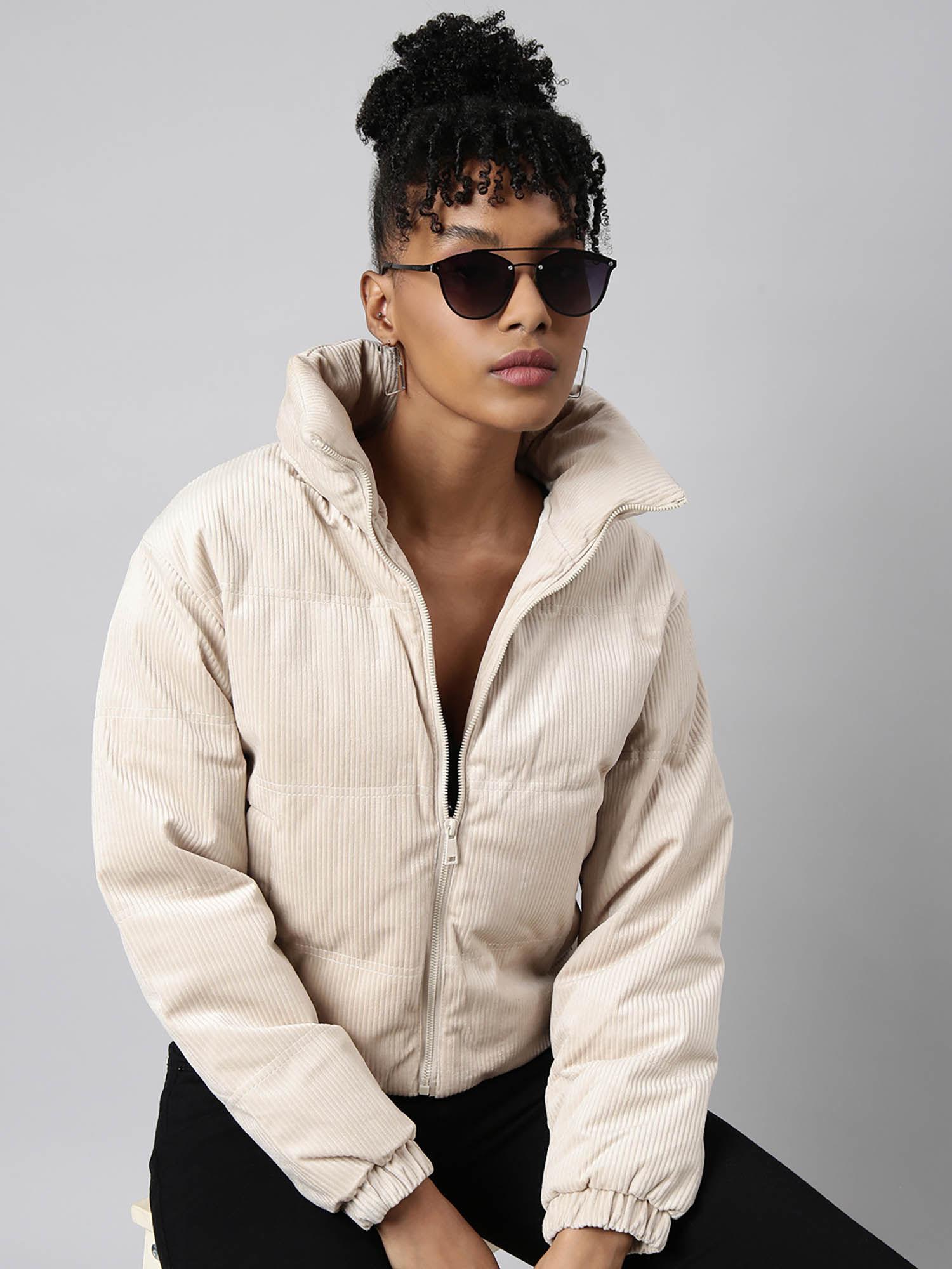 womens solid cream puffer jacket