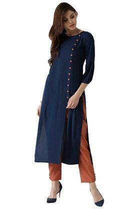 womens solid crepe kurta and checks trouser - blue