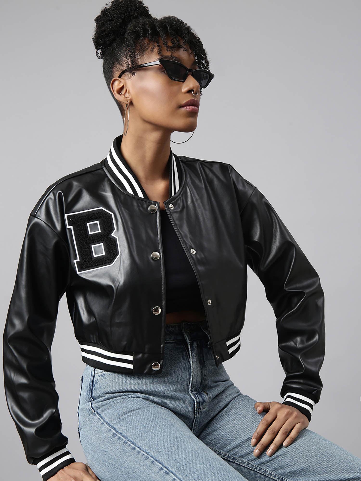 womens solid crop black drop shoulder oversized varsity jacket