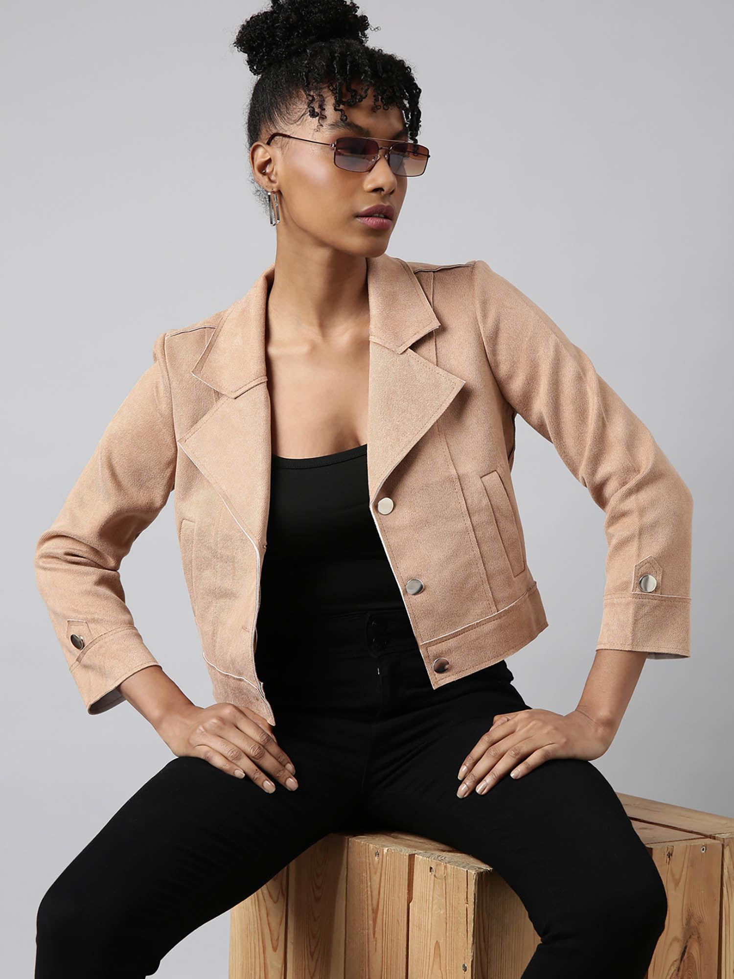 womens solid crop lapel collar beige tailored jacket