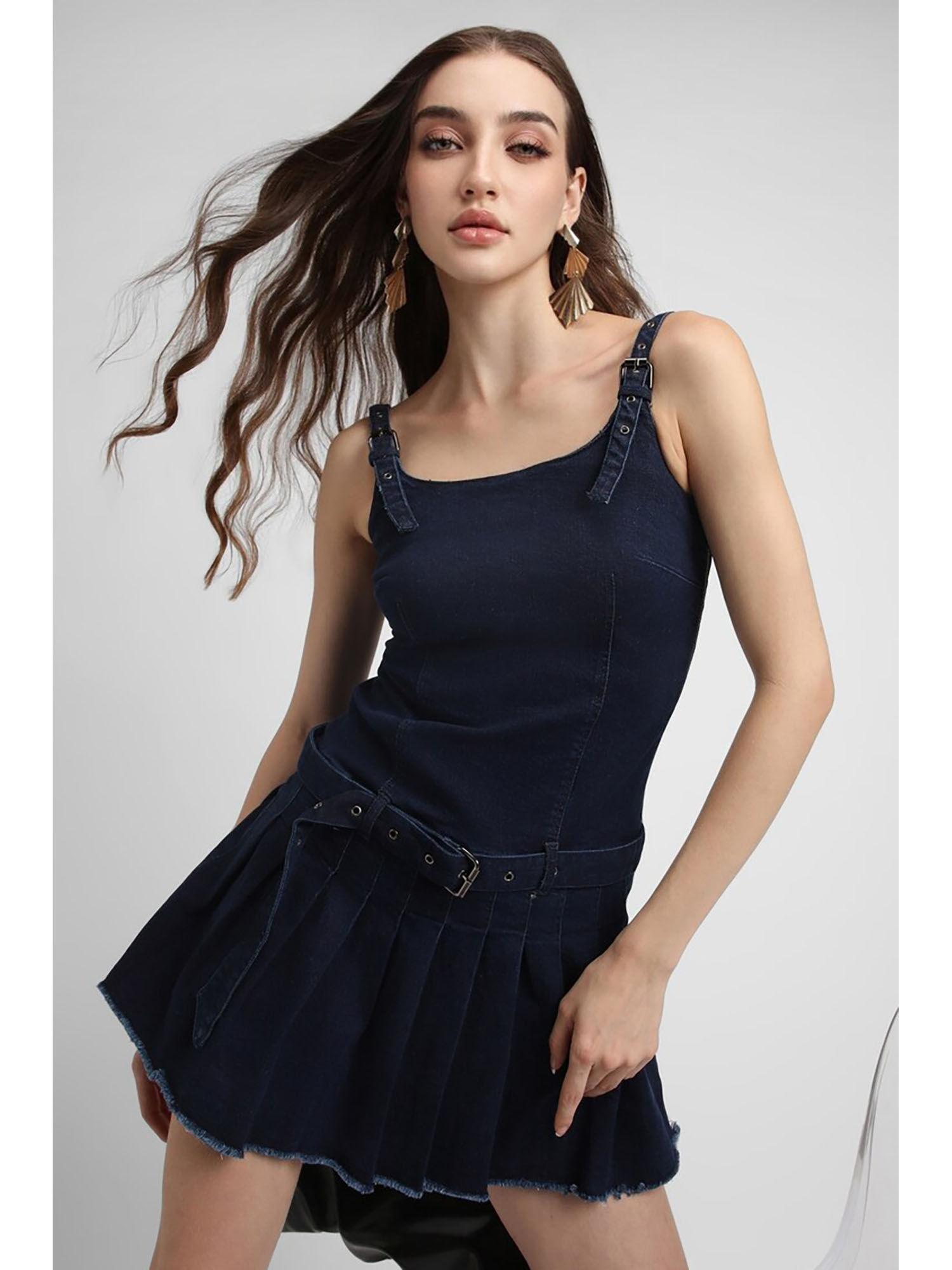 womens solid denim blue mini dress with belt (set of 2)