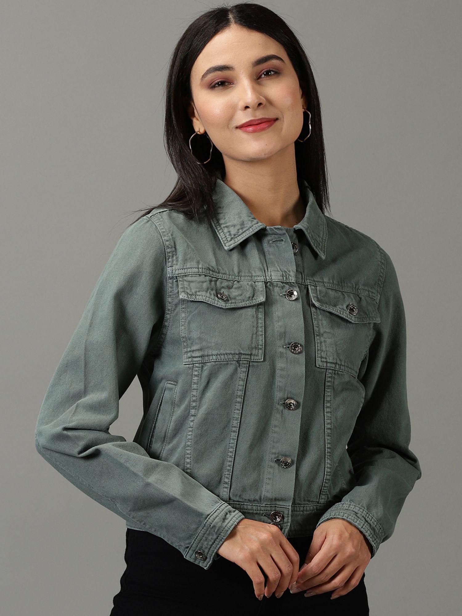 womens solid green spread collar regular denim jacket