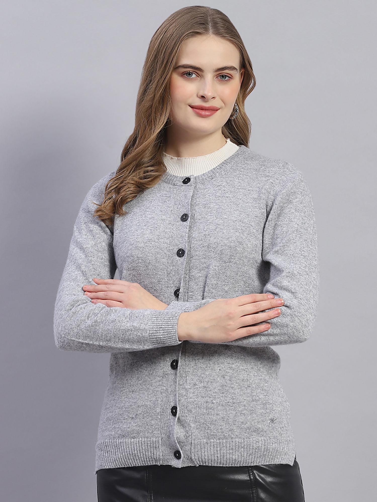 womens solid grey round neck full sleeve cardigan