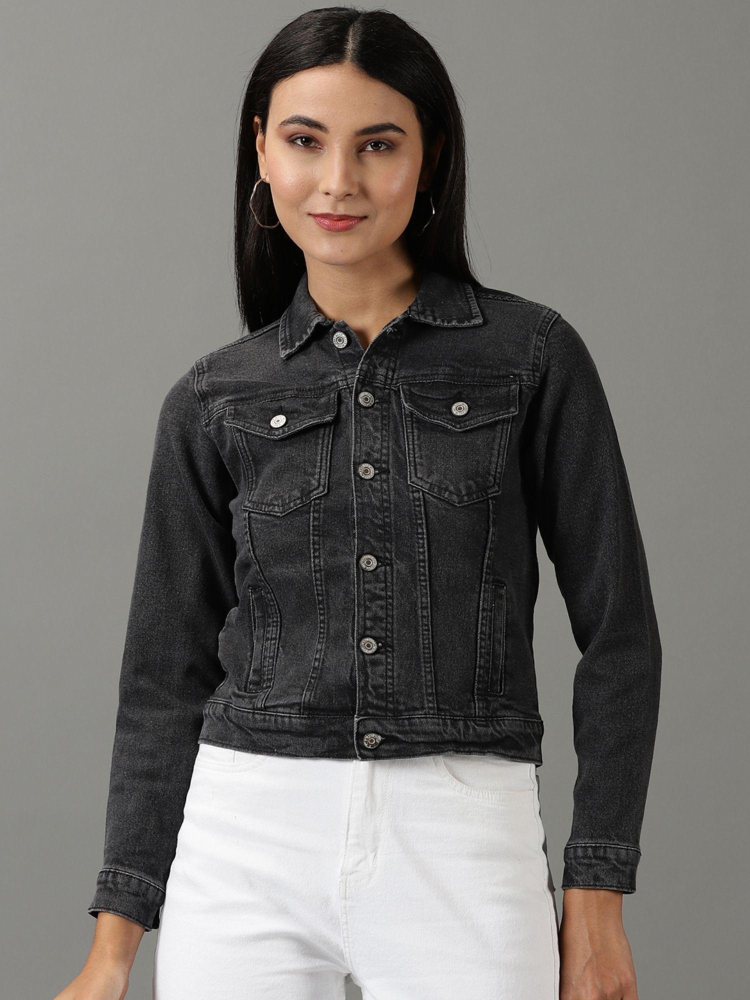 womens solid grey spread collar regular denim jacket