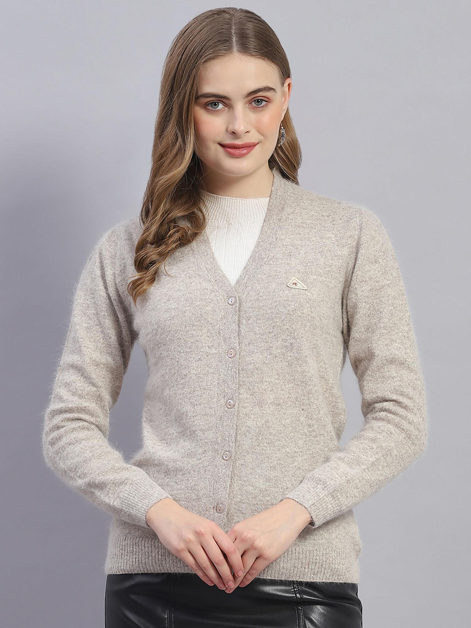 womens solid grey v neck full sleeve cardigan