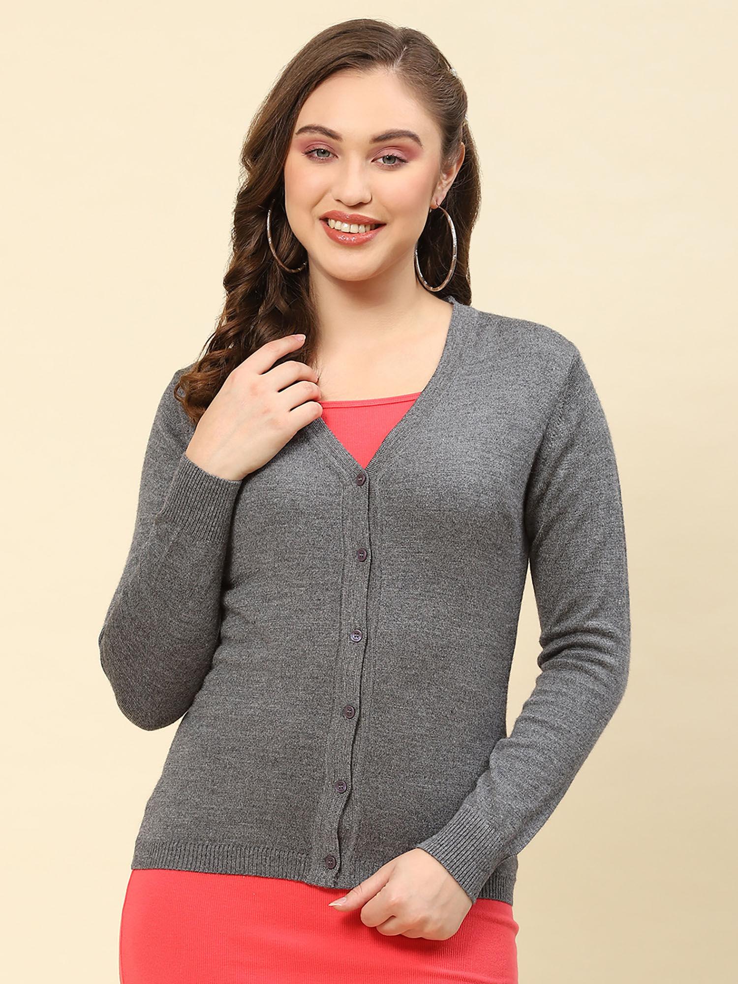 womens solid grey v neck full sleeve cardigan